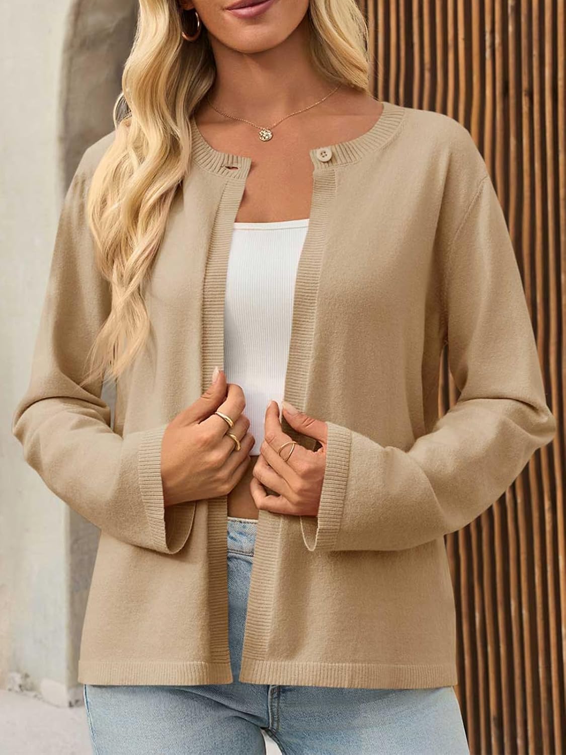 Saodimallsu Womens Lightweight Cardigans Open Front Long Sleeve One Button Casual Crewneck Loose Knit Shrug Sweater - Image 4