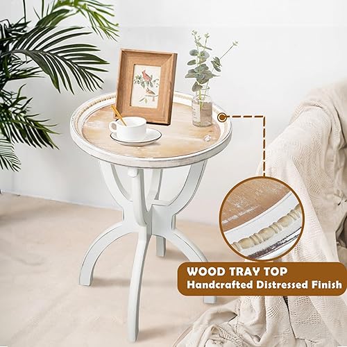 Miniatura 4 de Mesa auxiliar de granja con bandeja tallada, pequeña mesa auxiliar redonda con patas curvas, mesita de noche retro para sala de estar, dormitorio