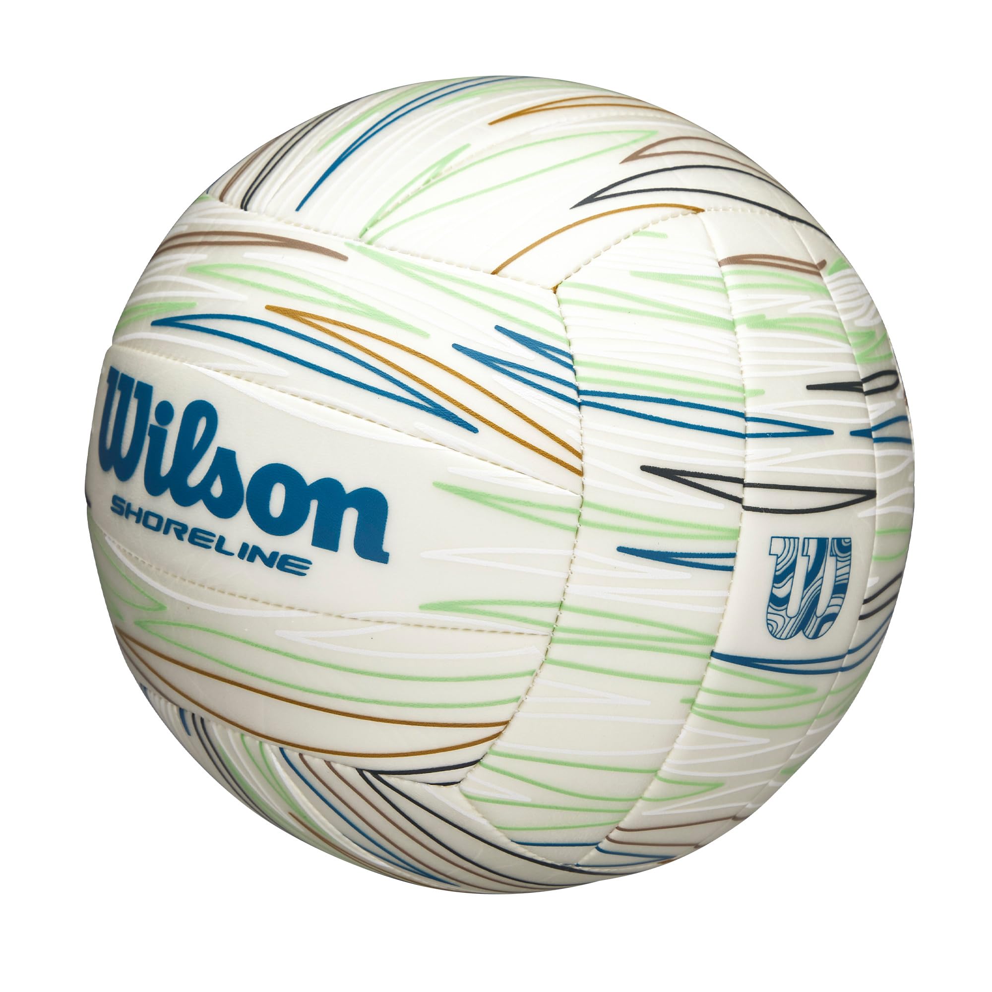 Wilson Balón de Voleibol Shoreline Gen Green, Hecho con Materiales Sostenibles, Exterior de TPU Reciclado y un Diseño Cosido por Expertos, Juega con Propósito, Color: Blanco/Azul, Tamaño Oficial