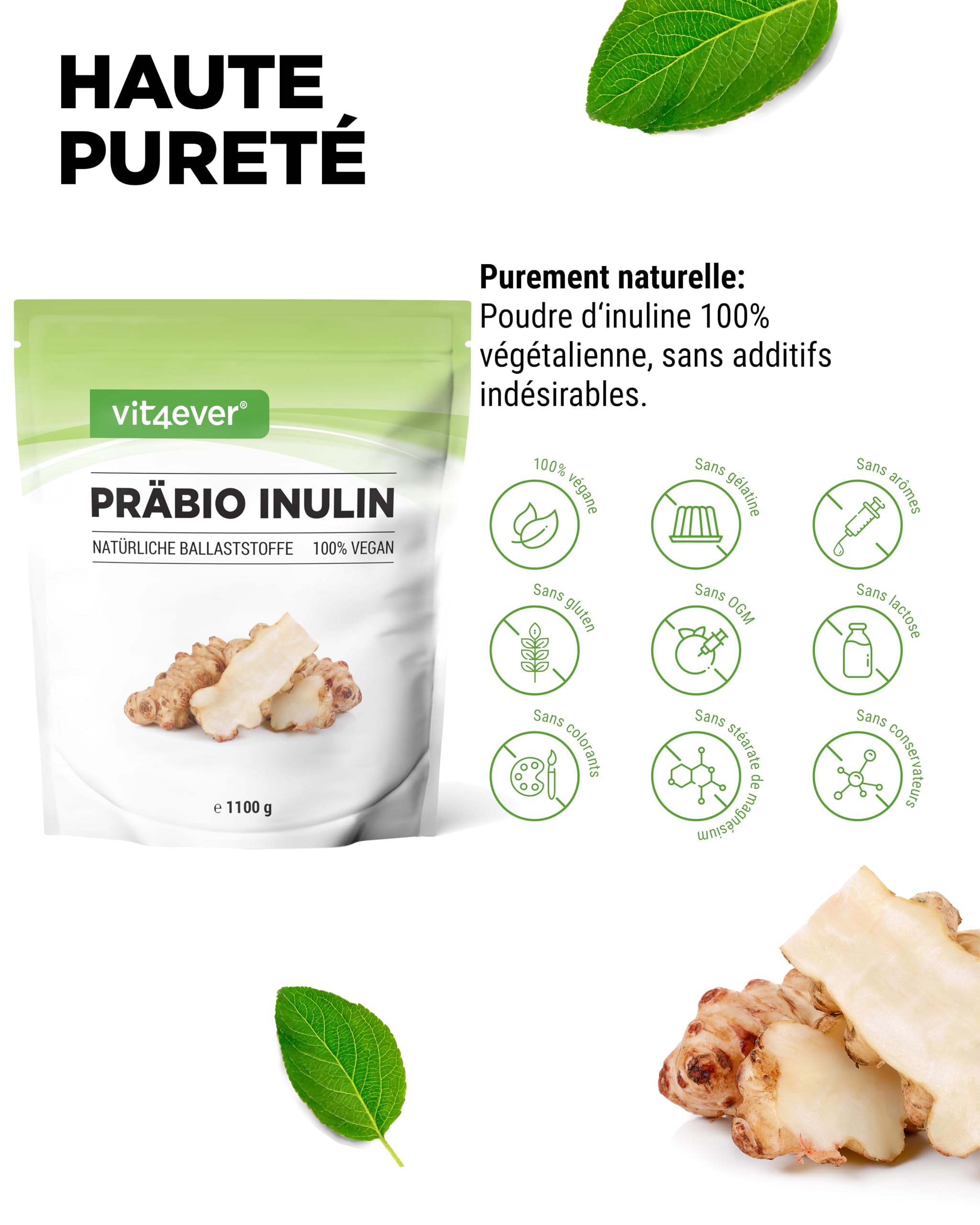 vit4ever Poudre d’Inuline Prébiotique - 1100 g (1,1 kg) - Haute Teneur en Fibres - Prébiotique - Contrôlé pour les Résidus - Origine Europe - Naturellement Issue de la Racine de Chicorée - 100% Végan