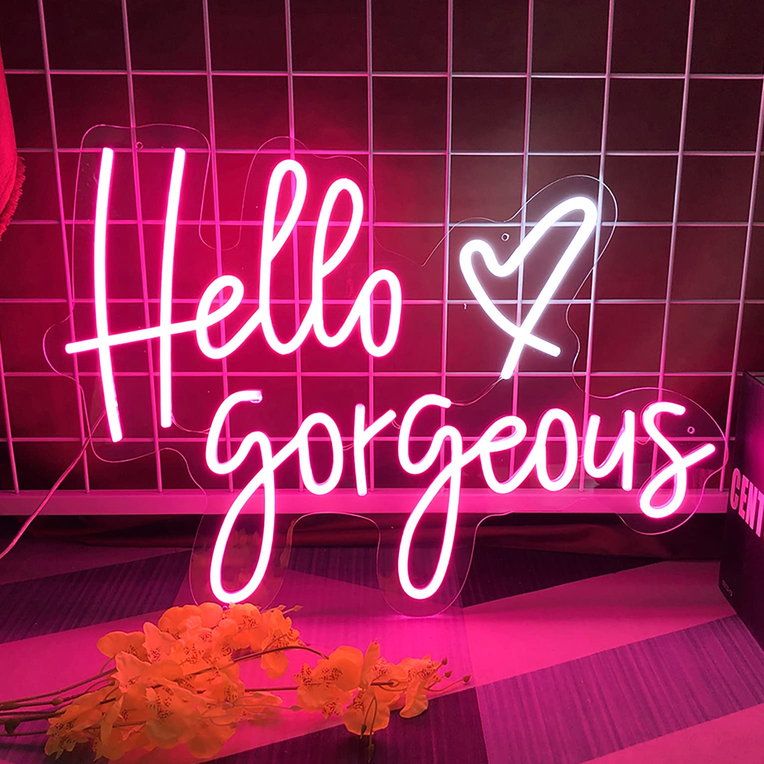 Large LED Neon Signs for Hello Gorgeous, 23.6 inches Wedding Pink Neon Lights for Bedroom, Birthday Party, Bar, Heart Marry Neon Light Sign for Wall Christmas Decor Art Gift(Pink,23.6x17.0)