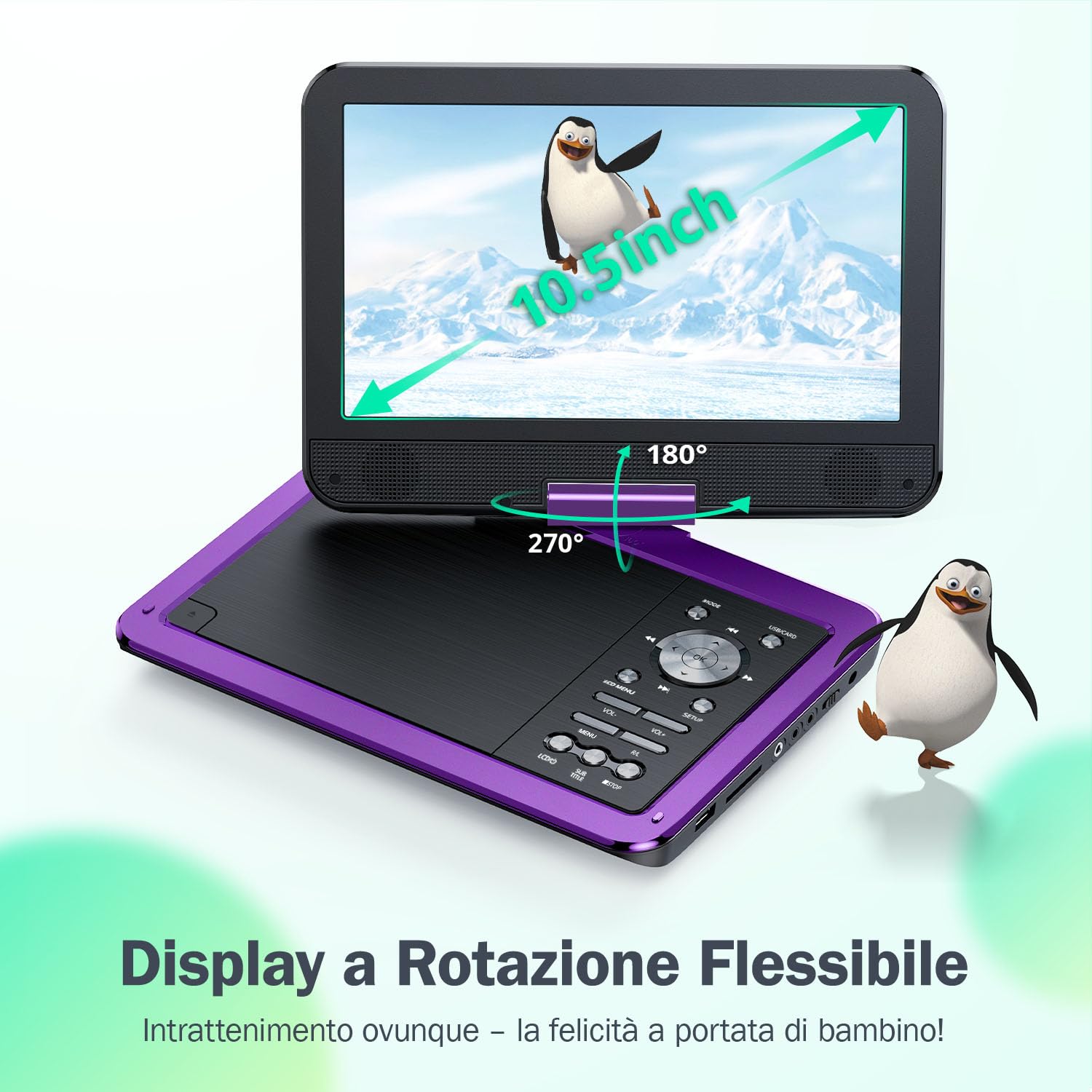 YOTON Lettore DVD Portatile da 12,5" con Schermo Girevole HD da 10,5" per Auto e Bambini, con Caricatore per Auto, Supporta 6 Ore di Batteria Integrata e USB/scheda SD/sincronizzazione TV
