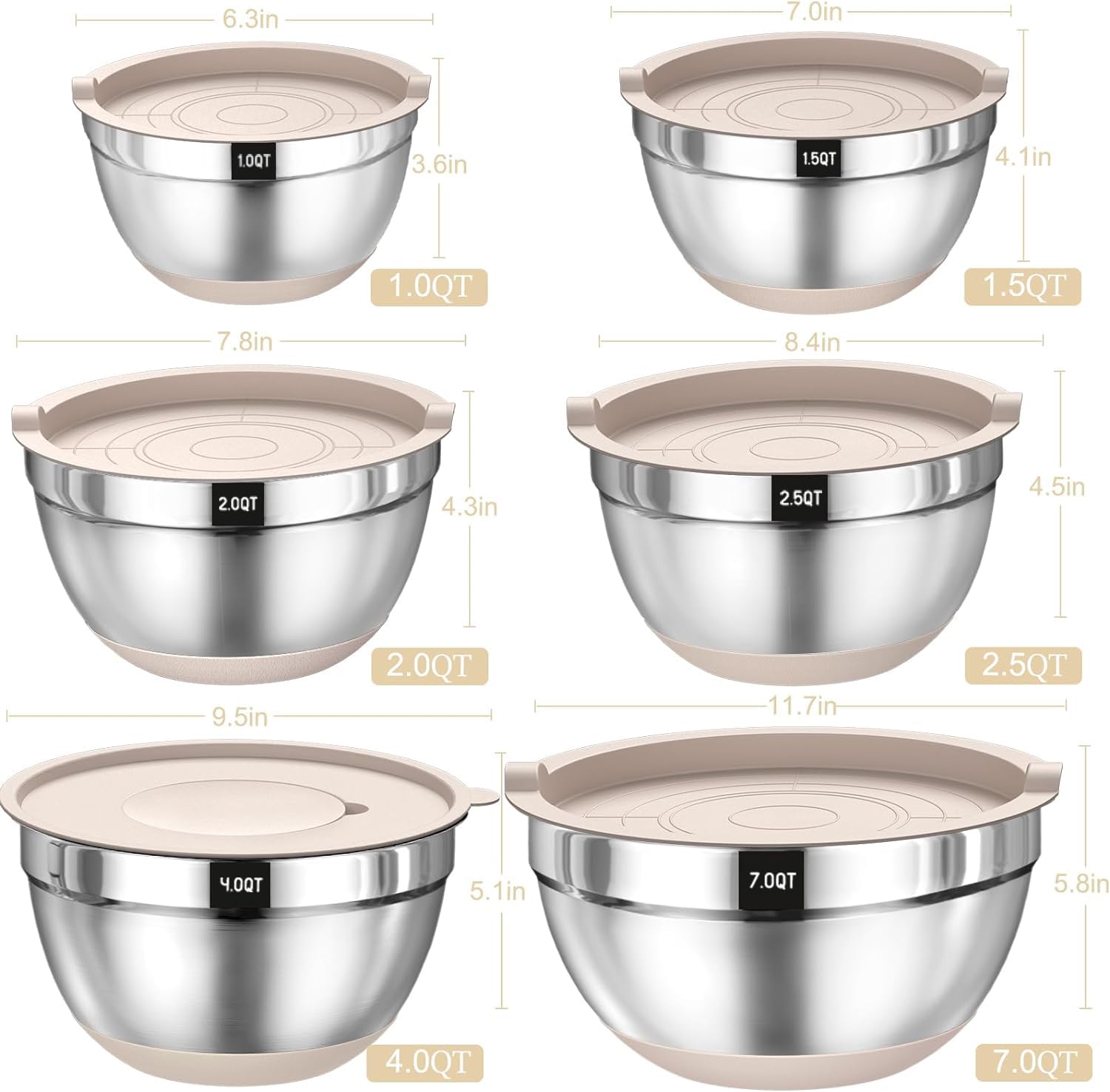 Terlulu Rührschüssel 6er Set, Edelstahl Schüssel Salatschüssel mit Luftdichtem Deckel & Silikonboden, 3 Reibenaufsätzen, Schüsselset zum Backen/Servieren, 6.6 L/3.8 L/2.4 L/1.9 L/1.4 L/0.6 L - Khaki