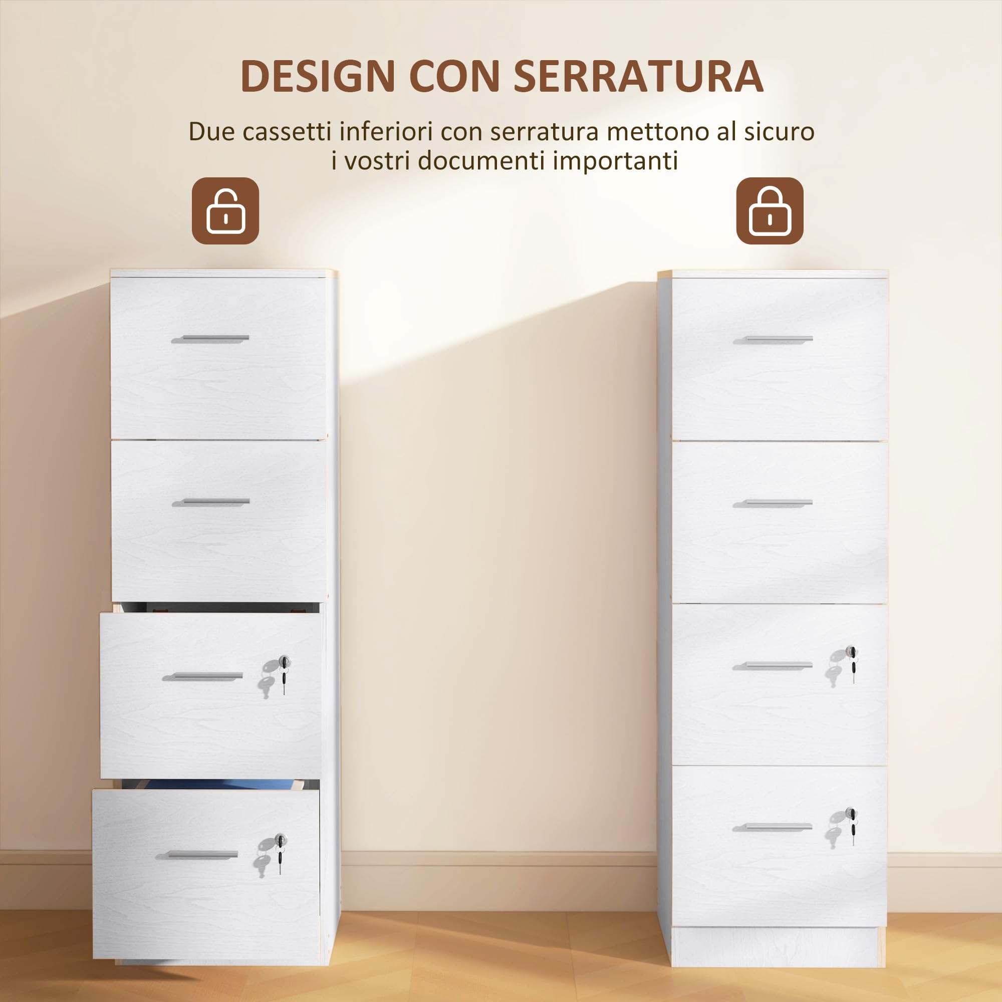 HOMCOM Schedario da Ufficio con 4 Cassetti, Cassettiera Ufficio con Serratura e Chiavi per Lettera/Formato A4, Armadietto Verticale per Casa, 40x42x131 cm, Bianco