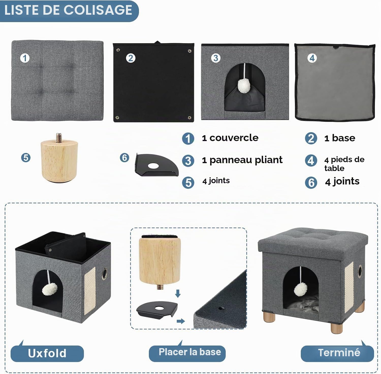 BRIAN & DANY Niche Chat, Pliable Maison pour Chat avec Planche à Grattoir et Balle pour Chats, pour Pouf Coffre de Rangement, 37,5 x 32,5 x 36 cm, Gris
