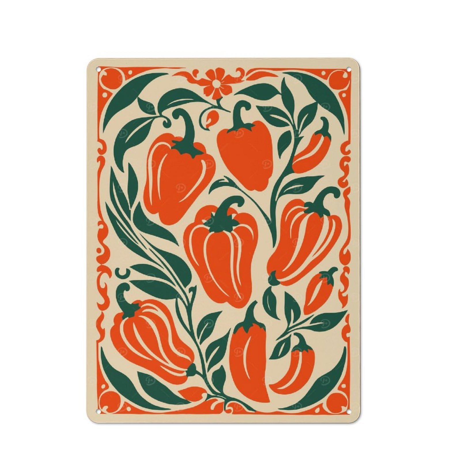 Tin Wall Plaque 40x30cm with Peppers And Leaves Art Print for Hobby Room Or Studio, for Kitchen, Dining Room And Home Bar Wall Decor