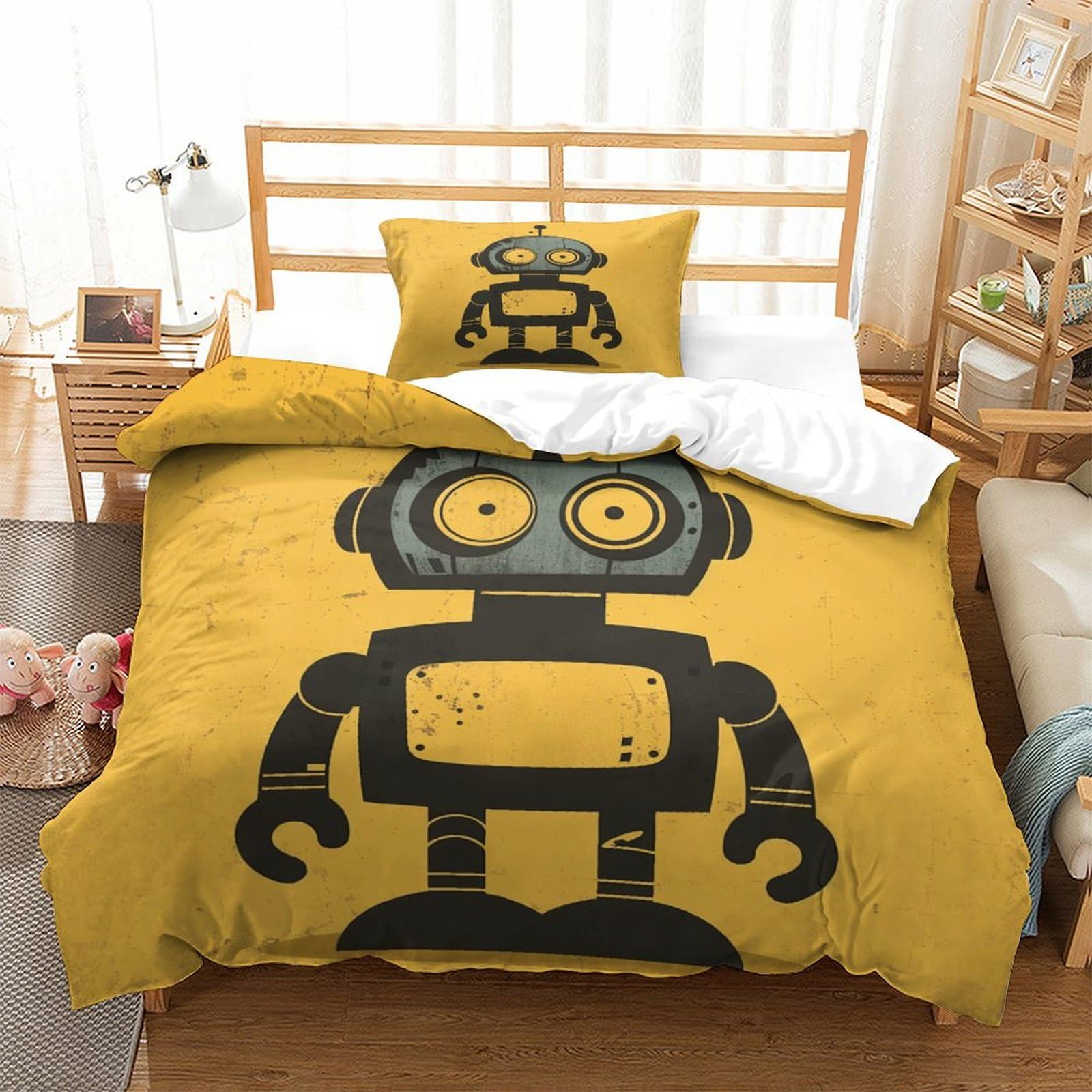 P1S9U7W5Y Fun Robot 3D Printed Duvet Cover Set 3pcs Microfiber Cartoon Robot Bedding Set Single（135x200cm）