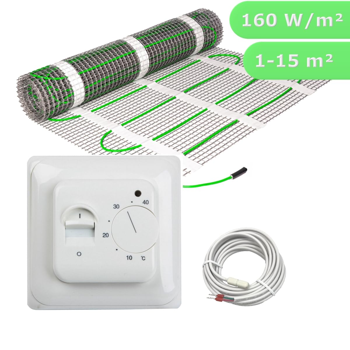 Elektrische Fußbodenheizung HoWaTech Comfort für Renovierung Komplett Set TWIN Heizmatte 160 W/m² inkl. Thermostat, Heizfläche:15.00m²
