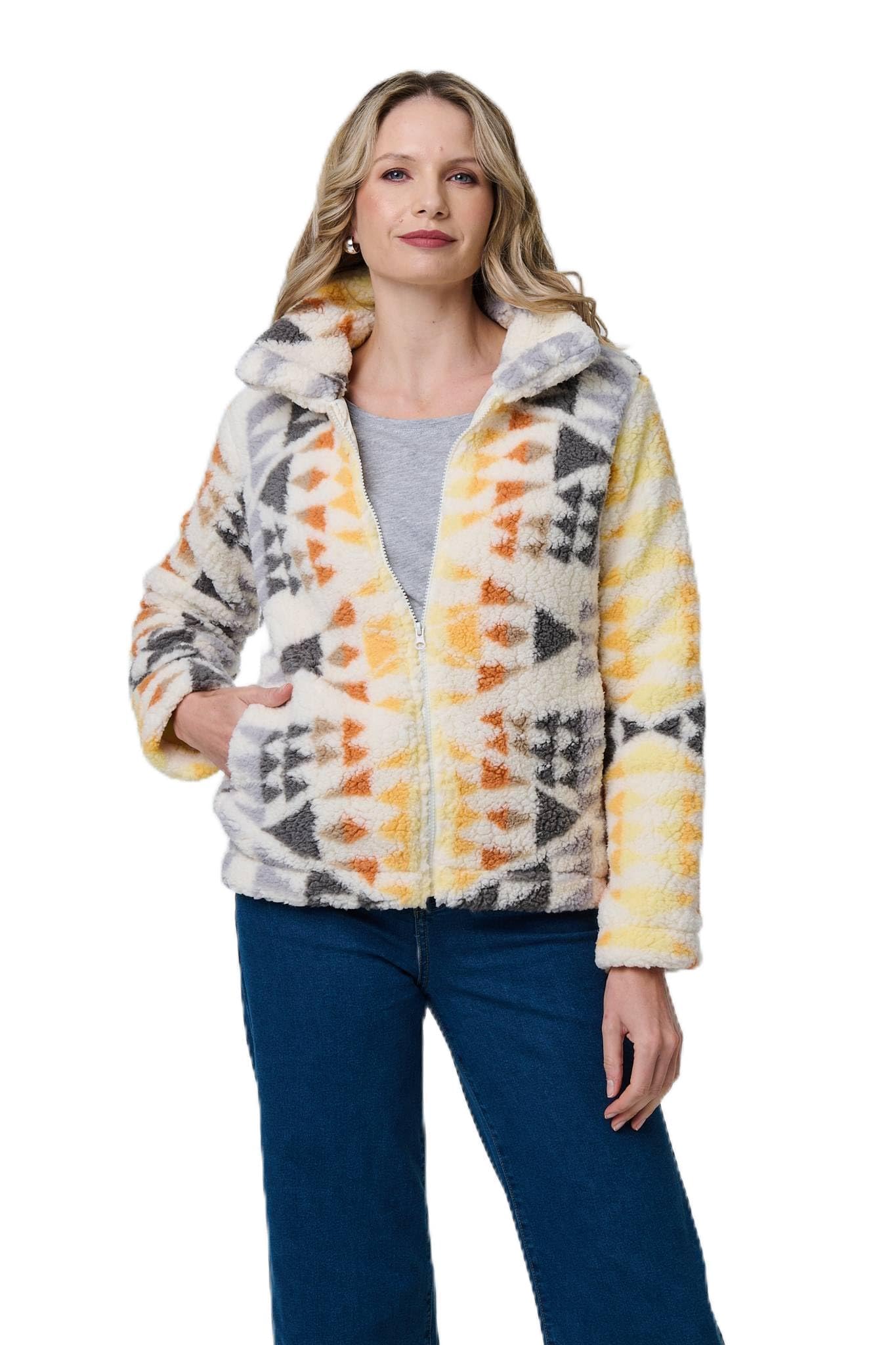 Izabel London Aztec Print Relaxed Fit Teddy Fur Jacket White