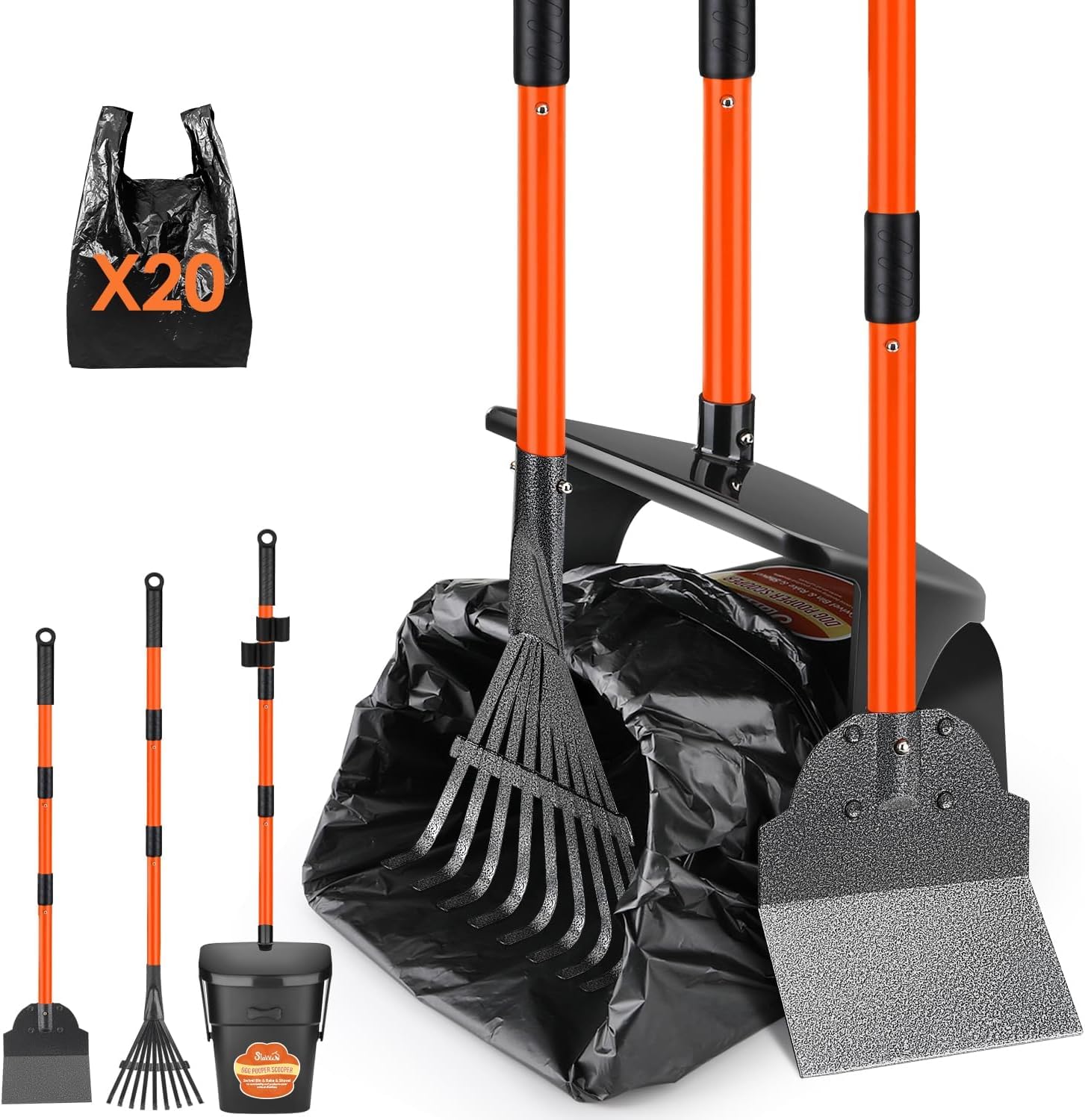 Eyein Dog Pooper Scooper - 95cm Long Metal Handle Adjustable Swivel Bin & Rake & Spade Kit with 20 Waste Bags - Portable Dog Pooper Scooper for Large Medium Small Pet Outdoor Yard Grass Gravel Lawn