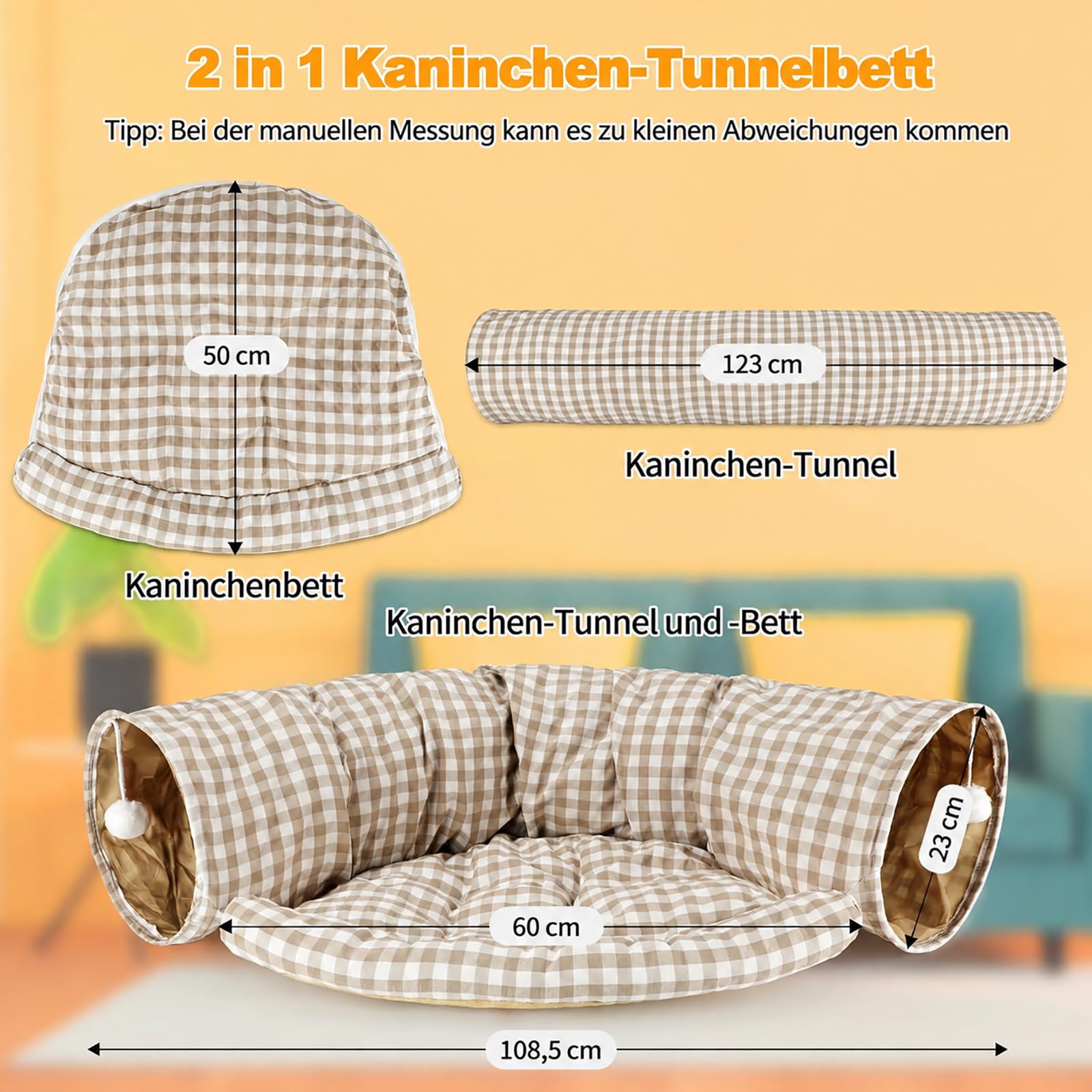 Lit tunnel pour lapin 2 en 1 – Tunnel pliable avec tapis amovible, tunnel douillet lavable pour lapins, cochons d'Inde et chats, espace de jeu et de couchage confortable pour petits animaux