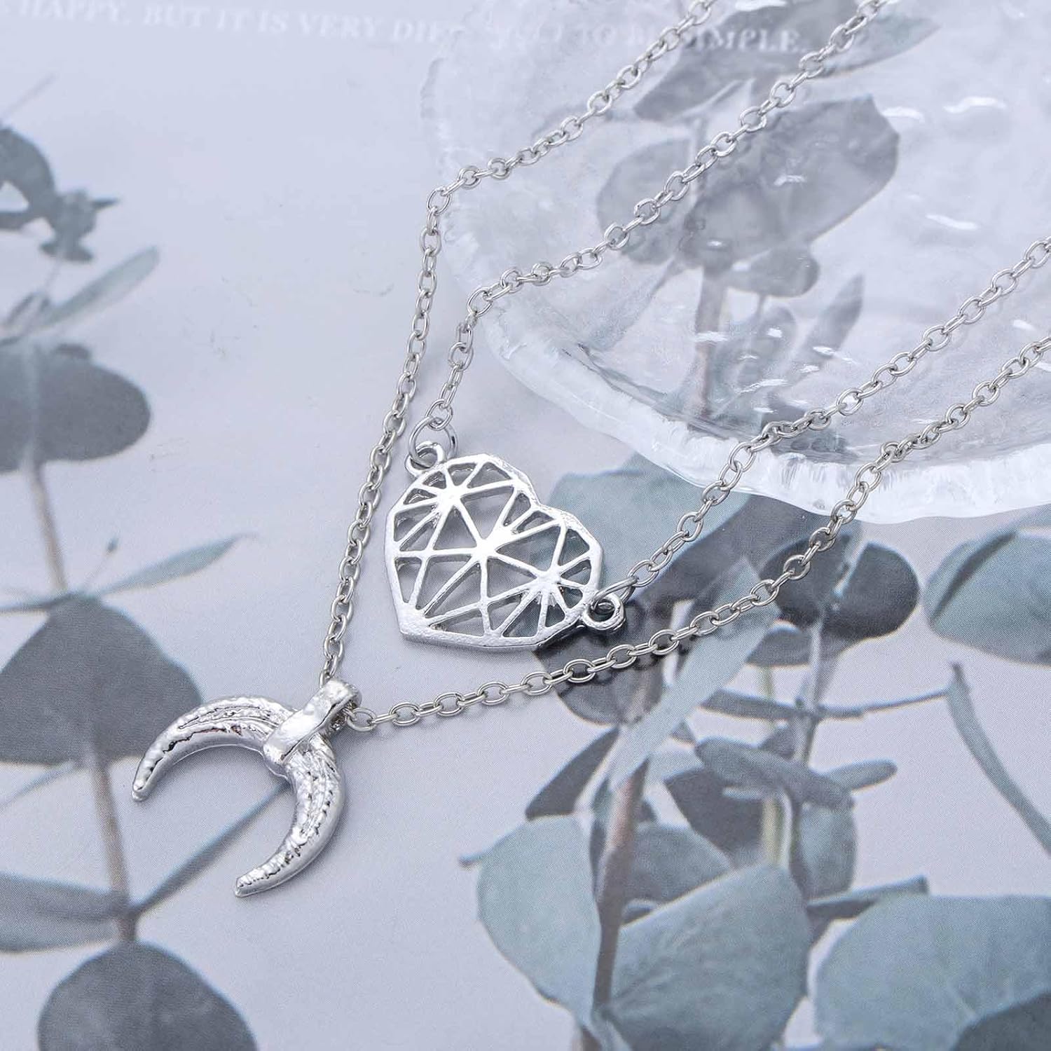 Andelaisi Boho Layered Heart Necklace Choker Vintage Crescent Moon Necklace Chain Silver Filigree Heart Necklaces Half Moon Necklaces for Women - Image 4