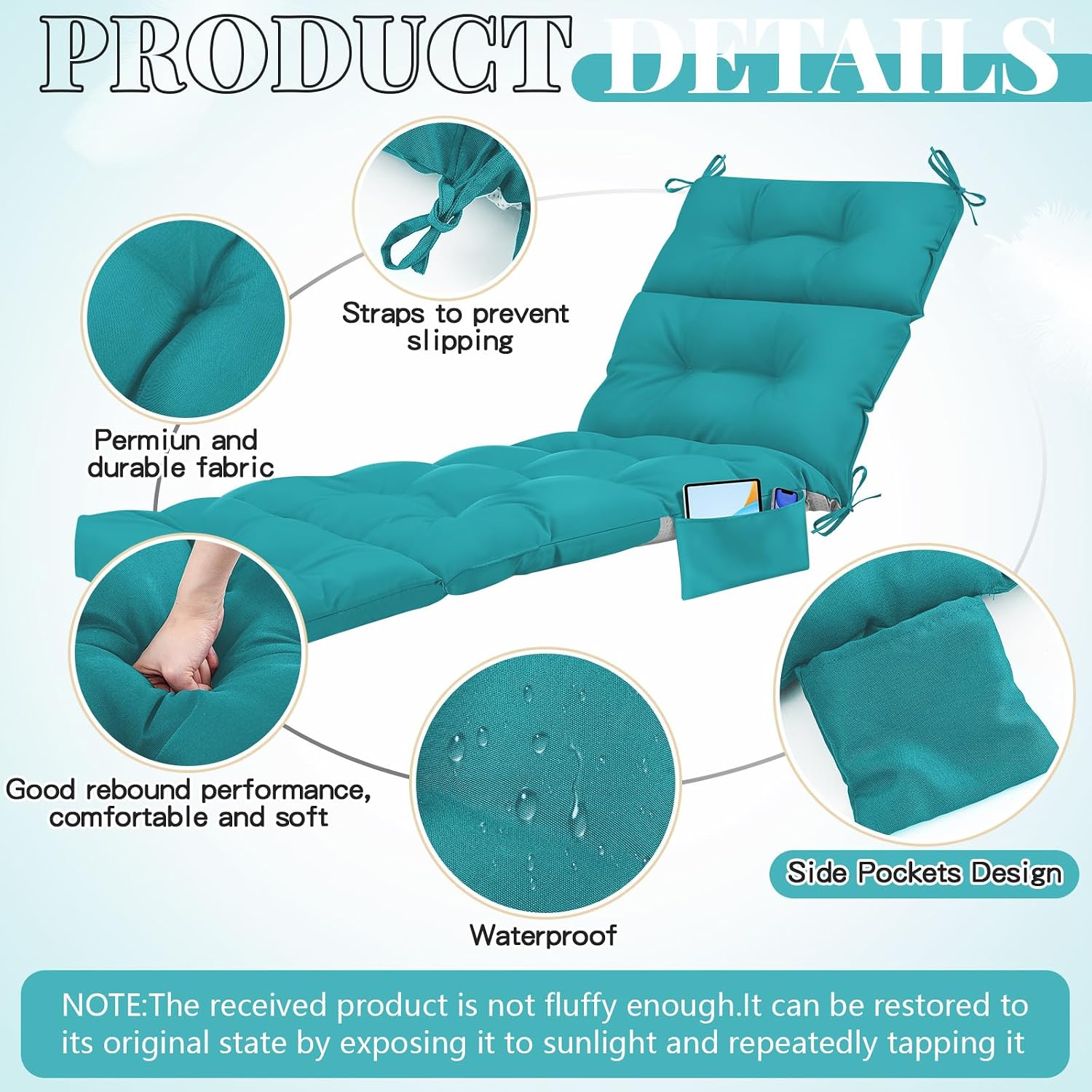 Kigley 2 Pcs Outdoor Chaise Lounge Cushions with 3 Side Pocket 74.5 x 22 x 4.7 Inch Patio Chaise Lounge Cushion, Water-Repellent and Fade-Resistant Tufted Summer Replacement(Royal Blue)