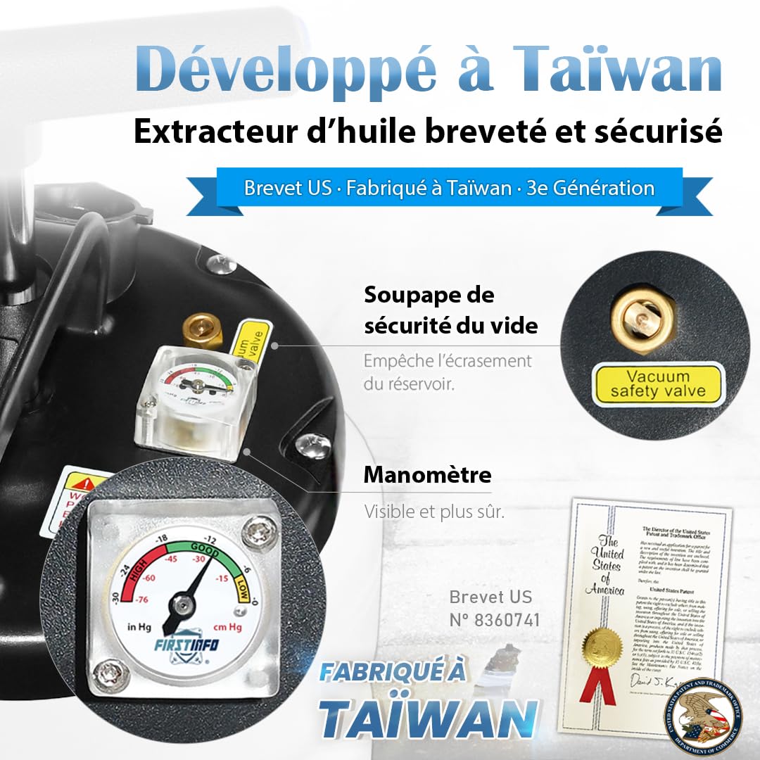 FIRSTINFO A1106H | Extracteur d’Huile 15L Manuel | 3ᵉ génération breveté | Soupape de sécurité | 5 tuyaux Dont Un Ultra-Fin,130 cm | fabriqué à Taïwan