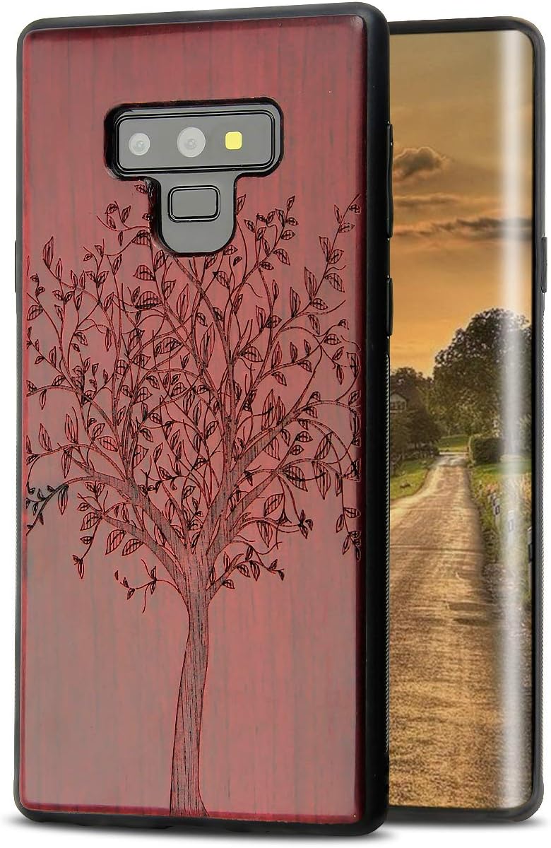 Galaxy Note 9 Wood Case, Cool Real Wood Engraving Tree & Hard PC Cushion Shock Absorption Flexible Anti-Scratch Bumper Protective Case for Samsung Galaxy Note 9