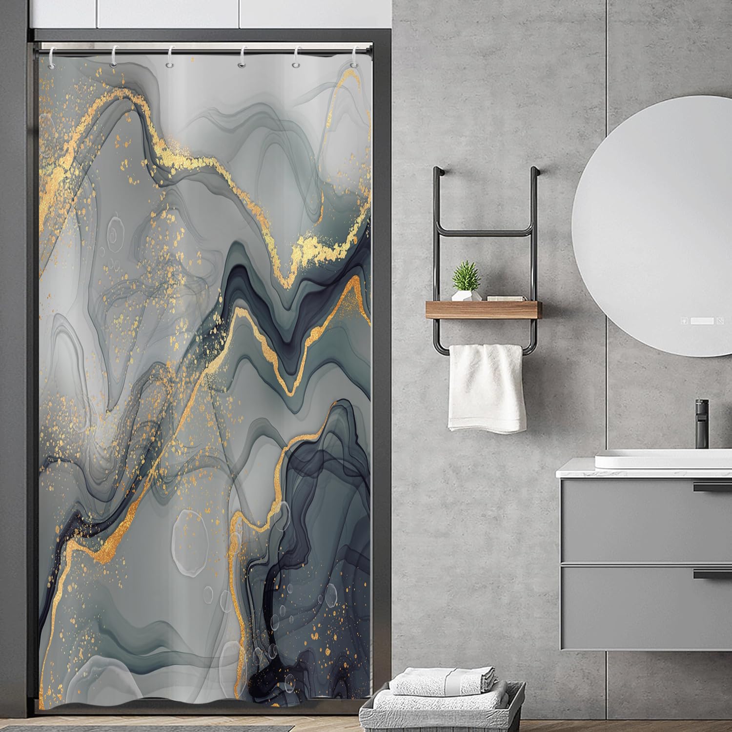 ASDCXZ Shower Curtain Marble 90x180 cm, Modern Abstract Grey Gold Cyan Marble Optic Texture Washable Bath Shower Curtains Polyester Textile Waterproof Shower Curtain for Bathtub with 6 Hooks — image 1