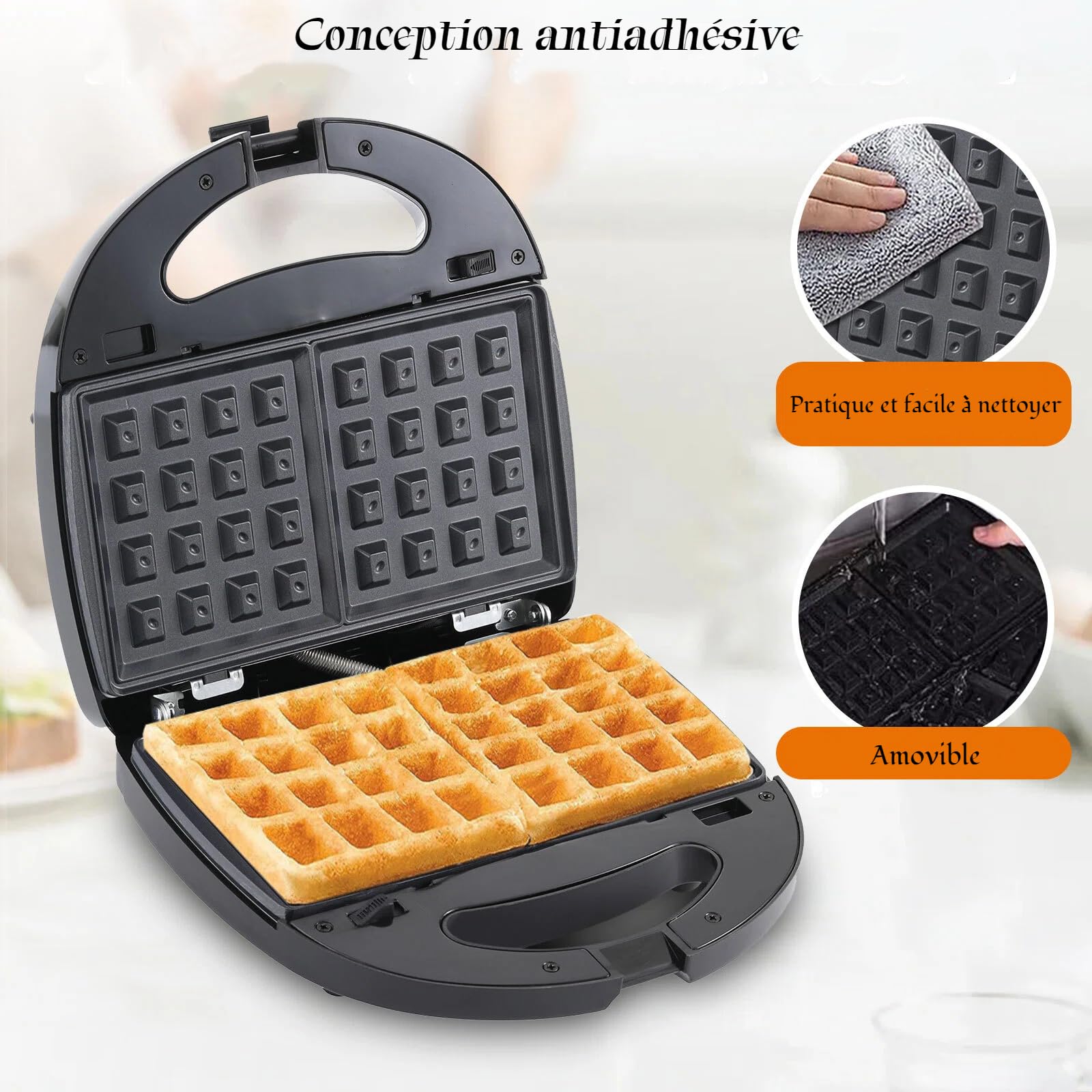 OKYUK Gaufrier, Gauffrier multifonctions 750W avec 6 plaques de gril antiadhésives amovibles, machine a panini répondant à différents besoins de petit-déjeuner