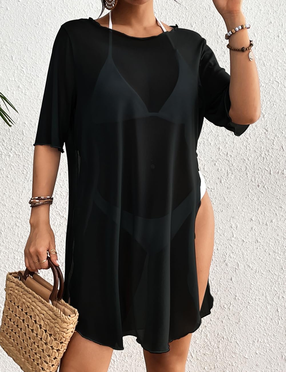 Bsubseach Sheer Bathing Suit Cover Up for Women Side Split Bikini Mesh Coverup Tops Resort Wear - Image 4