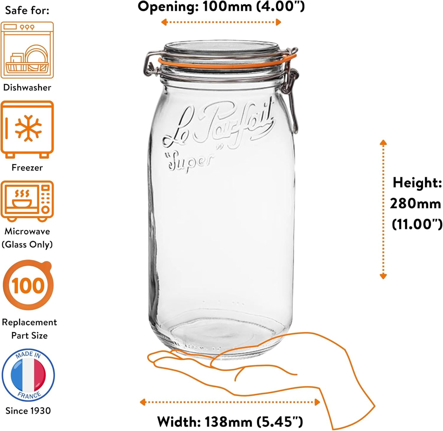 Le Parfait Super Jar 3L (96oz) French Glass Preserving Jar w/Airtight Rubber Seal & Wire Bail Closure - BPA-Free Canning Jar for Pickles, Fruit, Sauce& Food Storage - Made in France Since 1930 3PK/CP
