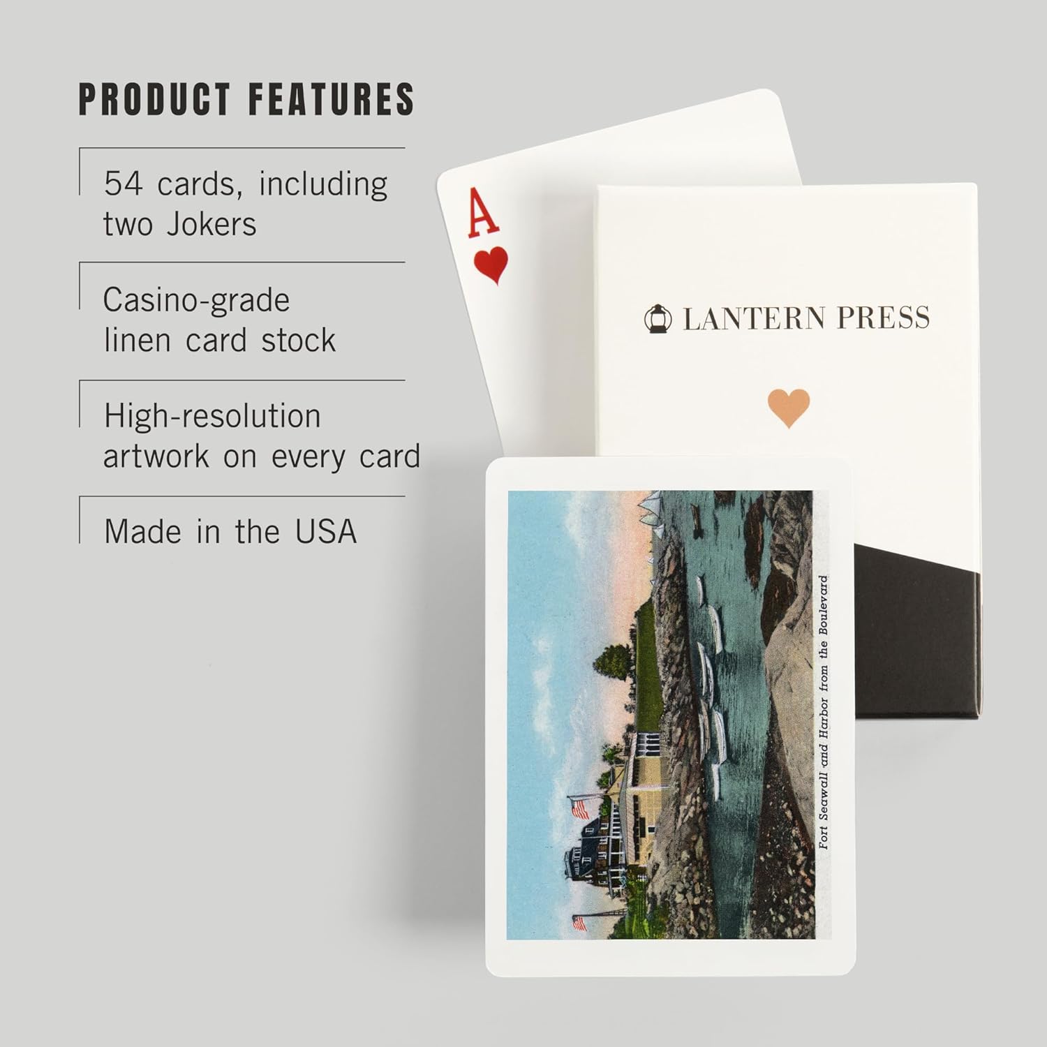 Lantern Press Marblehead, MA, Ft. Seawall and Harbor from The Boulevard, 52 Playing Cards for Adults, Poker Size Card Deck
