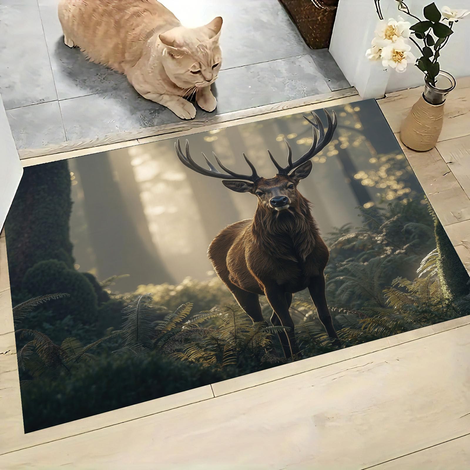 Fußmatte mit Hirsch Im Nebelwald für den Innenbereich, Nordische Waldtiere Waschbare rutschfeste Teppichmatte für Eingangsbereich, Fußabtreter Innen für Terrasse Flur, 80x120cm