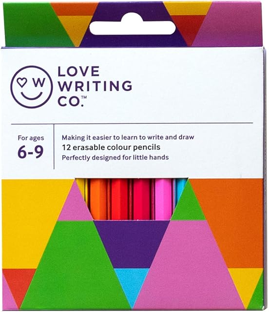 Love Writing Co. Kids Colouring Pencils - Erasable Colouring Pencils - Ages 6-9, Pack of 12 Colour Pencils, Fully Erasable, Designed for Children's Hands, Making it Easier to Colour and Draw
