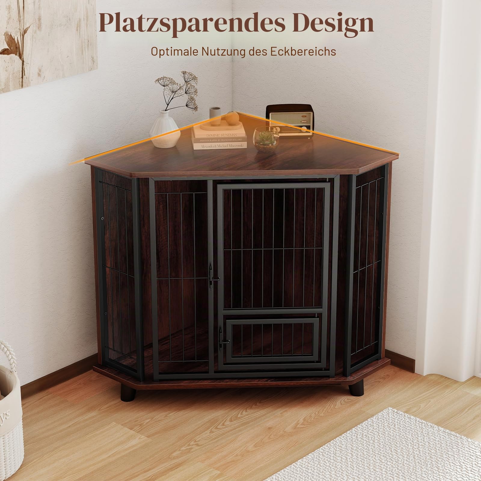 SOARS Eck-Hundekäfig Möbel, Hundebox für Zuhause, Hundehütte Indoor für kleine/mittlere Hunde, Hundehaus mit Futtertür, abschließbare Tür, 60 x 60 x 71,5 cm