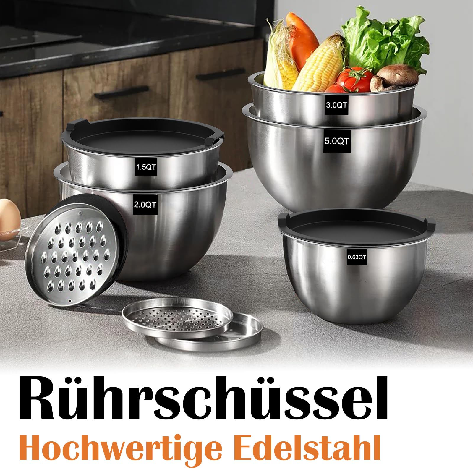 Terlulu Lot de 5 saladiers en acier inoxydable avec couvercle, 4,7 l/2,8 l/1,9 l/1,4 l/0,6 l, pour cuisine/pâtisserie/rangement, empilables et passent au lave-vaisselle, avec râpe