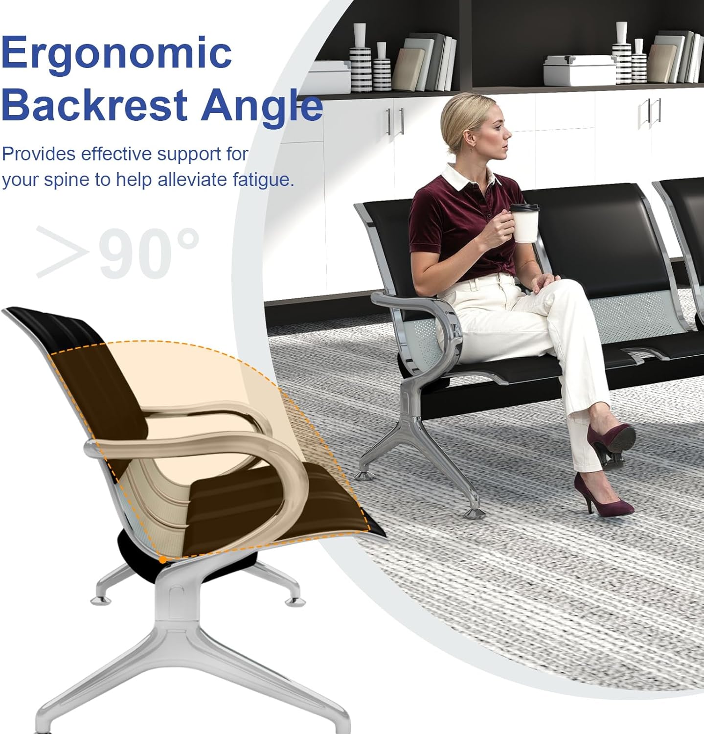 KINTNESS Guest Reception Chairs for Airport Waiting Room Office Chairs Salon Barber Bank Hall Room Conference Airport with Black Leather Cushion 3 Seat Bench Furniture …
