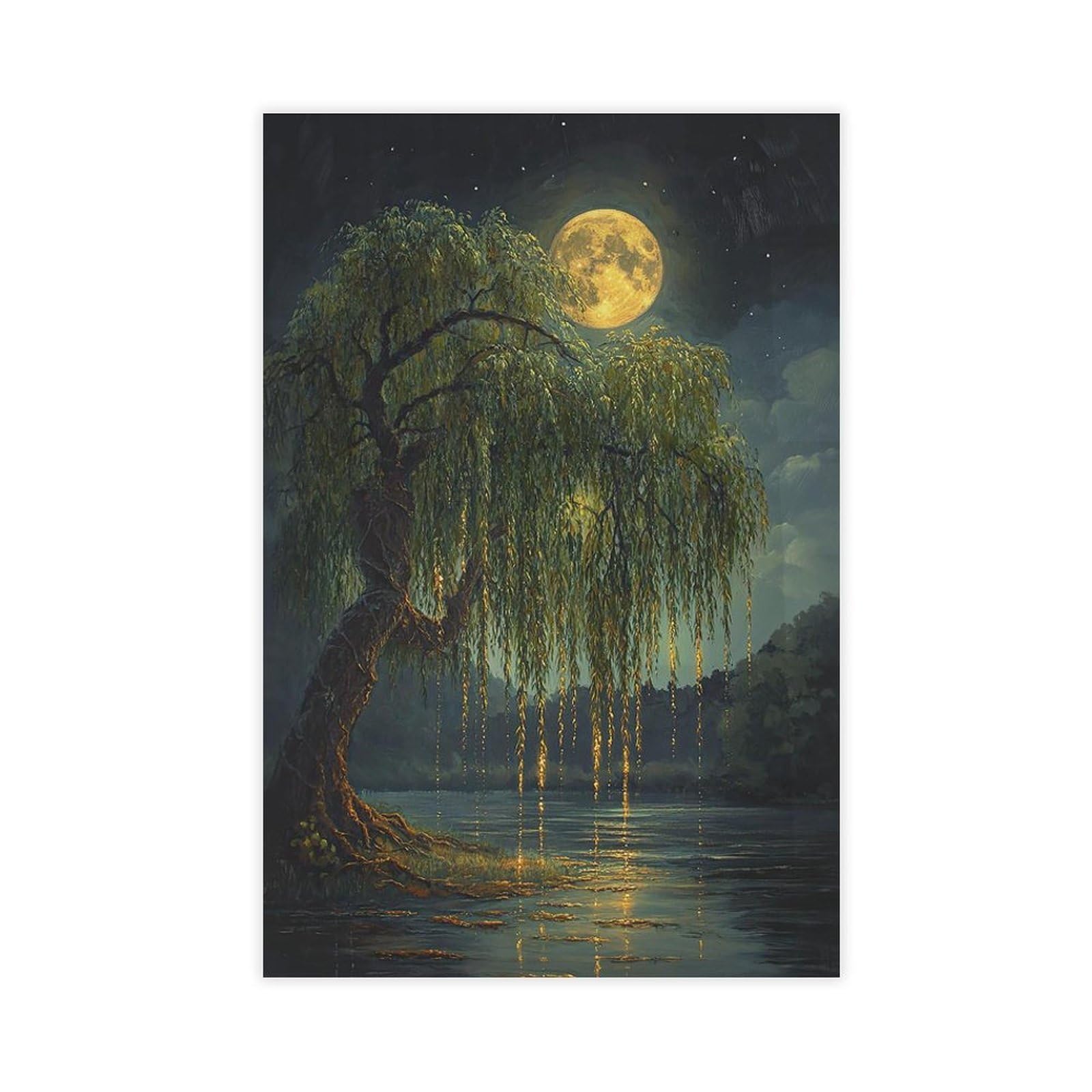 NFFBGFD Full Moon Over Weeping Willow Tree by Canvas Poster Bedroom Decor Landscape Decor Gift 24x36inch(60x90cm)