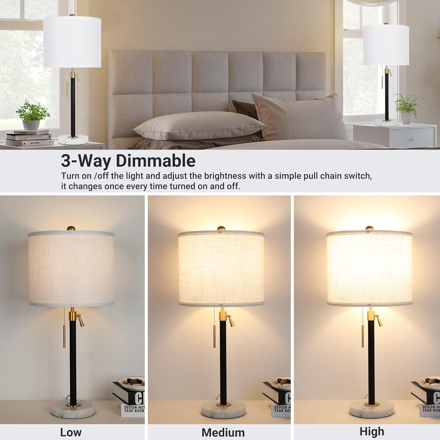 Table Lamps and Floor Lamp Set of 3: Height Adjustable Black Lamps with Fabric Lampshade & Marble Base | 3-Way Dimmable Pull Chain Bedside Lamps and Standing Lamp Set (3 LED Bulbs Included)