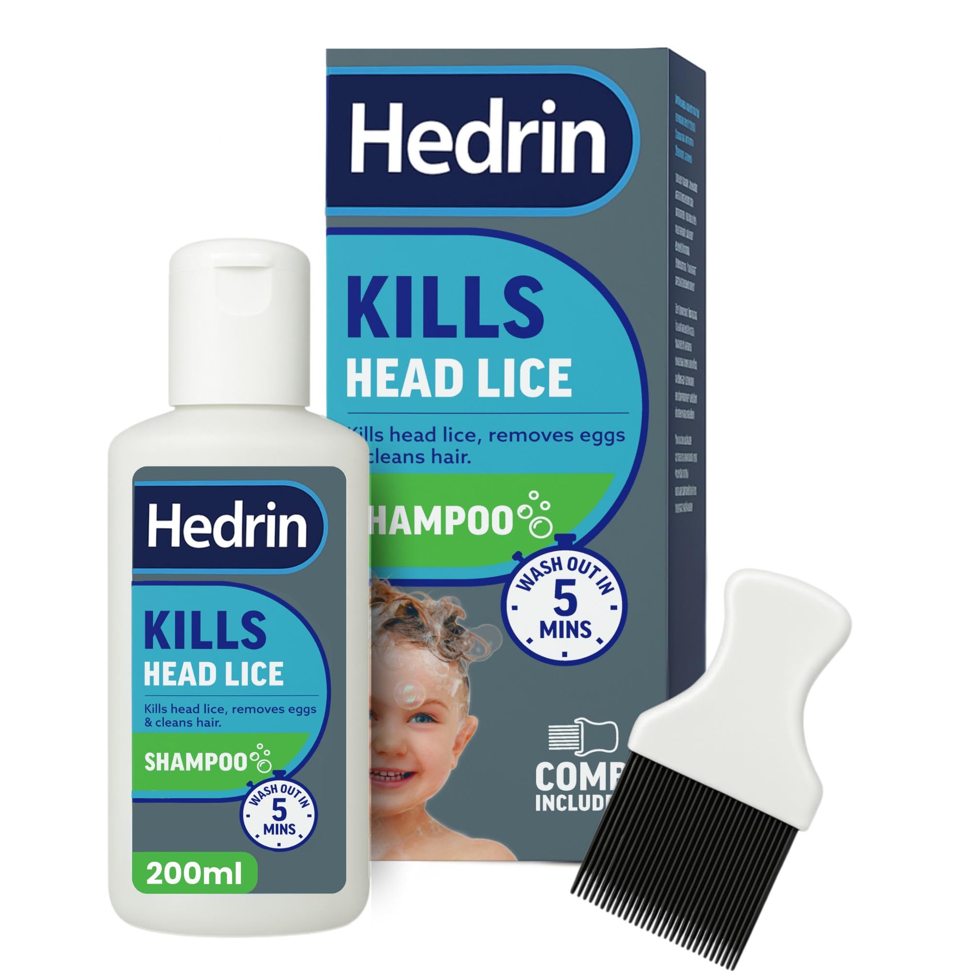 Hedrin Head Lice Shampoo and Comb Kit, Kills Head Lice and Eggs in 5 Minutes, 8 Treatments, Clinically Tested, Suitable for Adults and Children, 200ml, (Formerly All-in-One - Packaging May Vary)