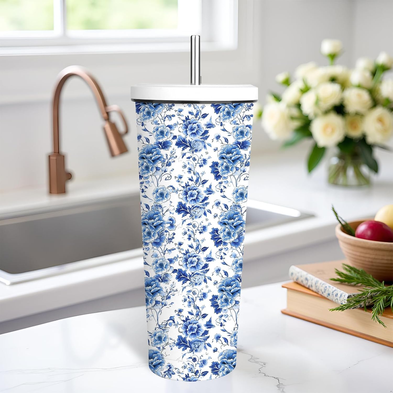 Blue Floral Boho Tumbler 24oz With Lid, Blue White Flowers Gifts, Flower Coffee Cup Gifts for Women Girls, Abstract Retro Mid Century Flower Gift for Her on Christmas Birthday Mothers Day - Image 7