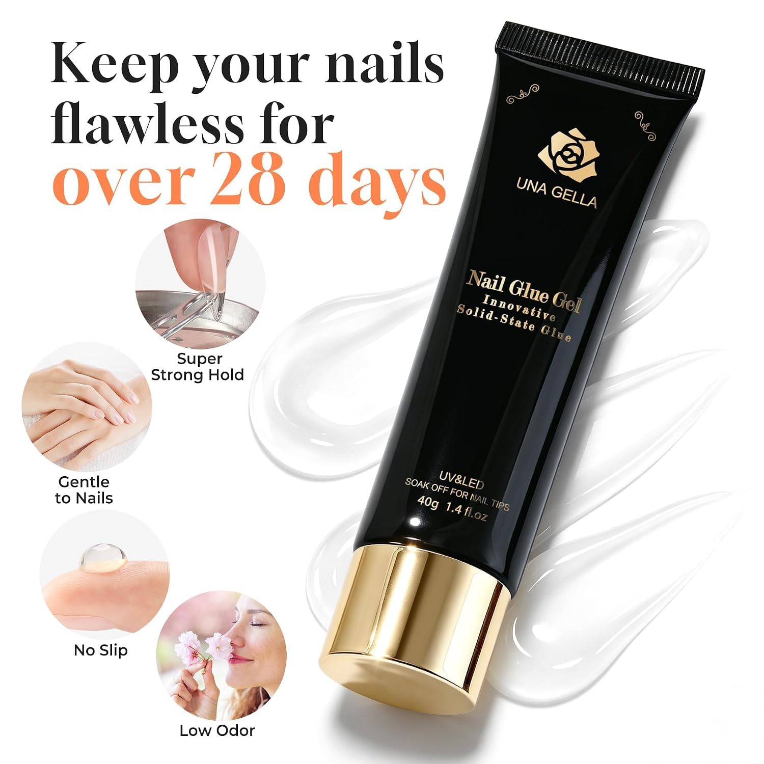 UNA GELLA Nagelkleber für Kunstnägel 40ml, Fester Soak Off Nagelkleber, Aushärtung mit Lampe erforderlich, Starker Kleber für Acryl Nägel, Fake Nails, Extensions & Press On Nails, Gelly Tips