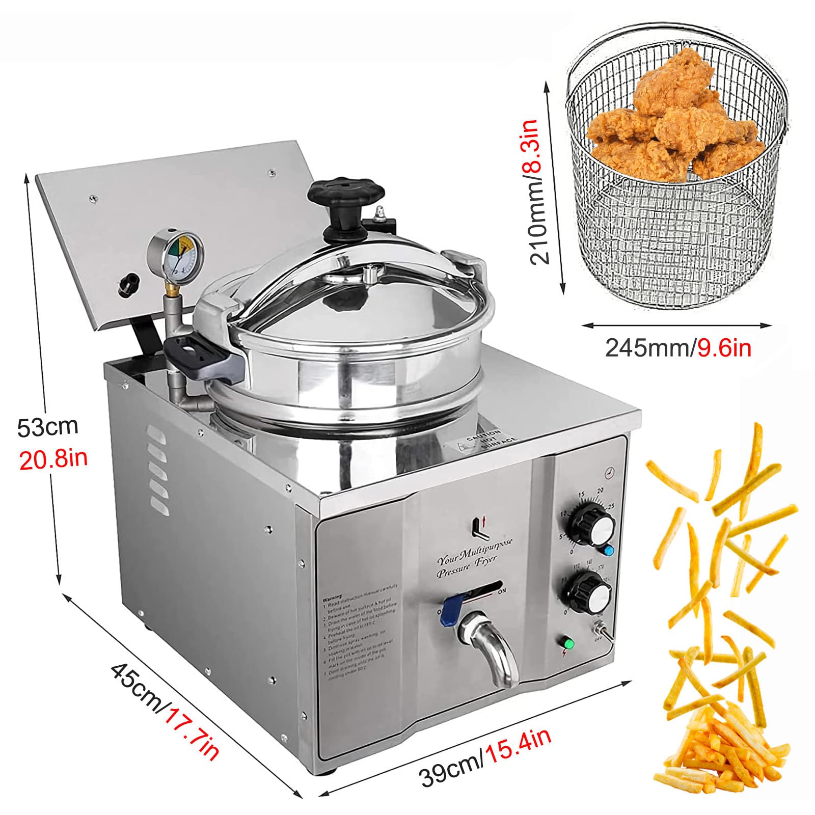 Macchina per Friggere Il Pollo Commerciale, Friggitrice ad Alta Pressione da 3000W, Friggitrice Elettrica da Banco da 16 Litri con Cestello, 50-200℃, per Snack Bar