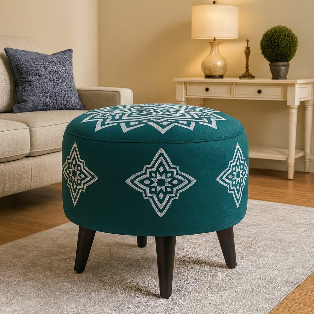 Jaico Round Ottoman Stool with Wooden Legs | Decorative Printed Pouf Footrest for Living Room, Office & Dressing Table | Multipurpose Accent Seating Furniture for Home Decor-image-35