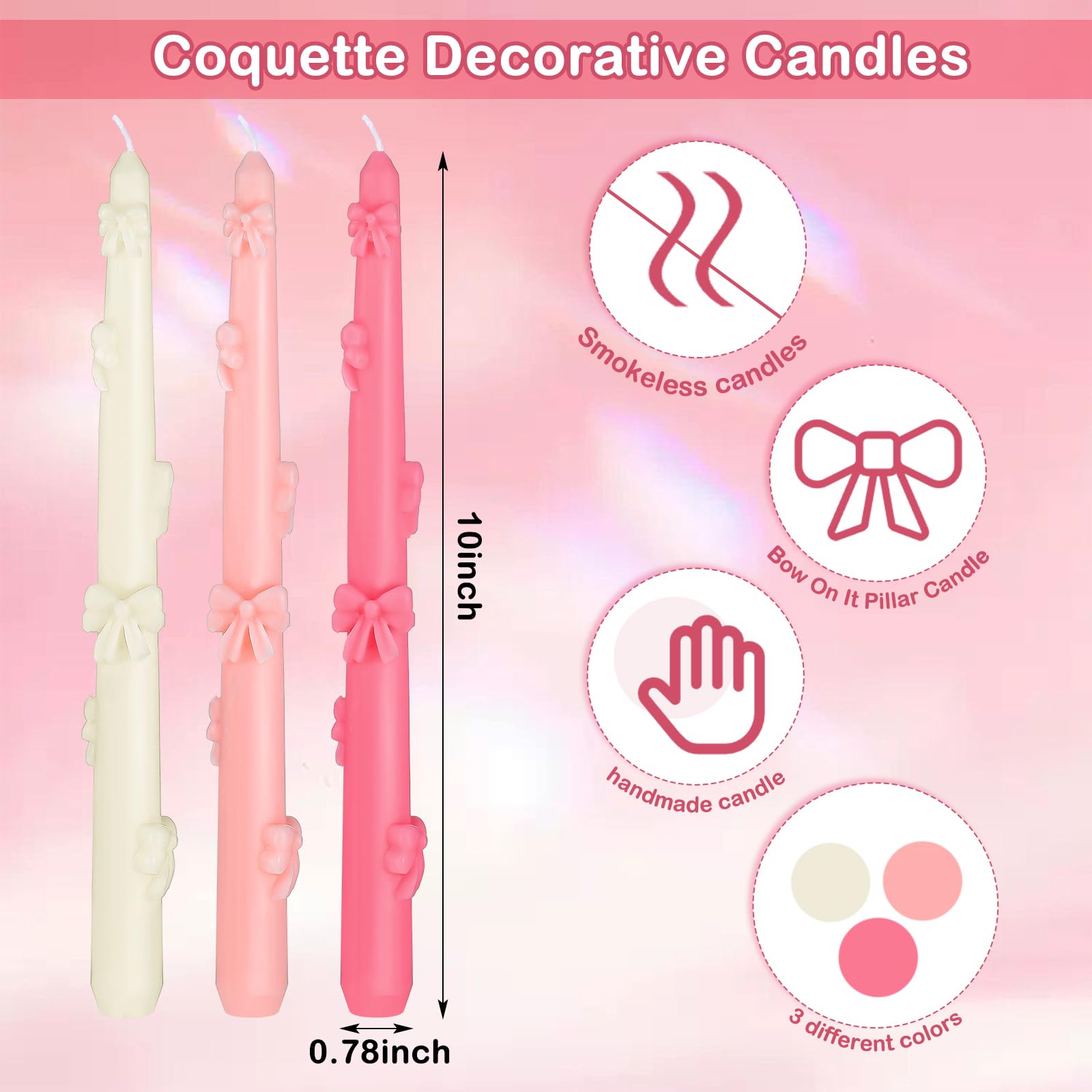 MTLEE 6 Pack Bow Coquette Taper Candle Decor Pink White Aesthetic Wax Candle for Dinner Wedding Couple Anniversary Mother's Day Party Girly Apartment Decor