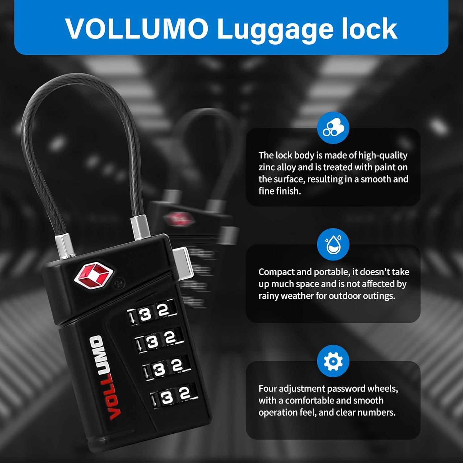 TSA Approved Luggage Lock, 4-Digit Combination, Black Cable Padlock for Travel Suitcase (Black（2-Pack）)