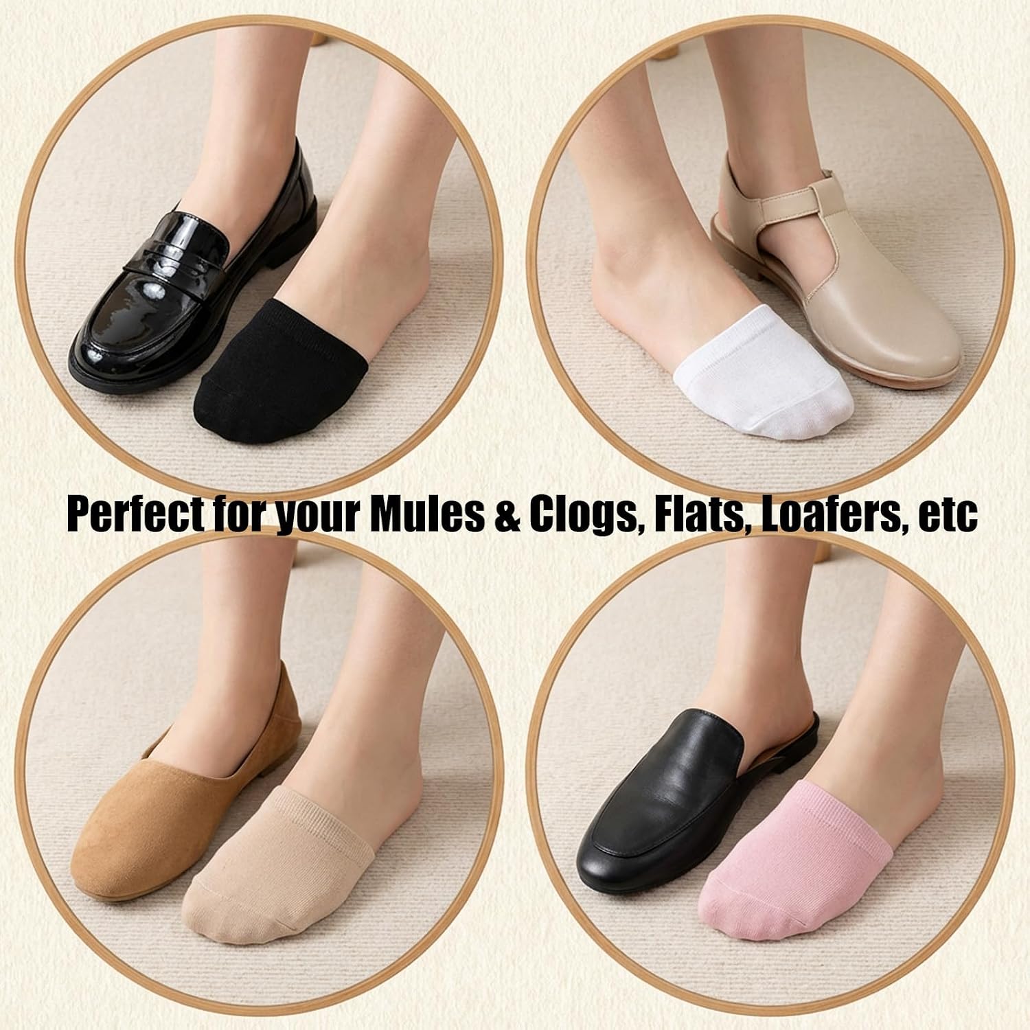 4 Pairs Toe Topper Socks, No Show Liner Half Socks, Invisible Show Half Socks for Women, Non-slip Clog Socks for Women, Breathable Toe Toppers (Black, White, Nude, Pink)