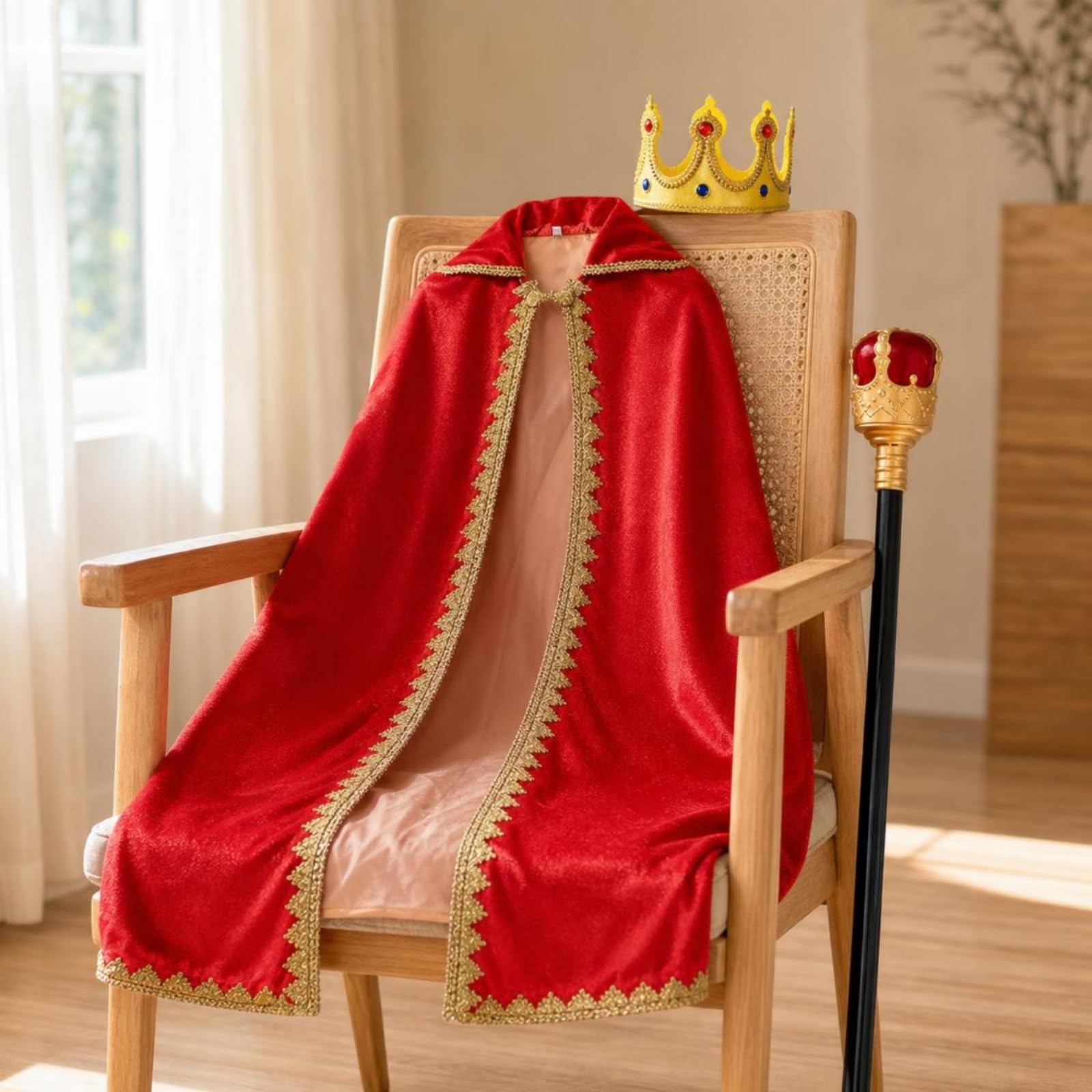 Mantello Bambini Spettacolo Mantello Costume Cappa Coroncina Regale con Bordi Dorati in Poliestere Leggero Apertura Frontale Collo Alto Adatto per