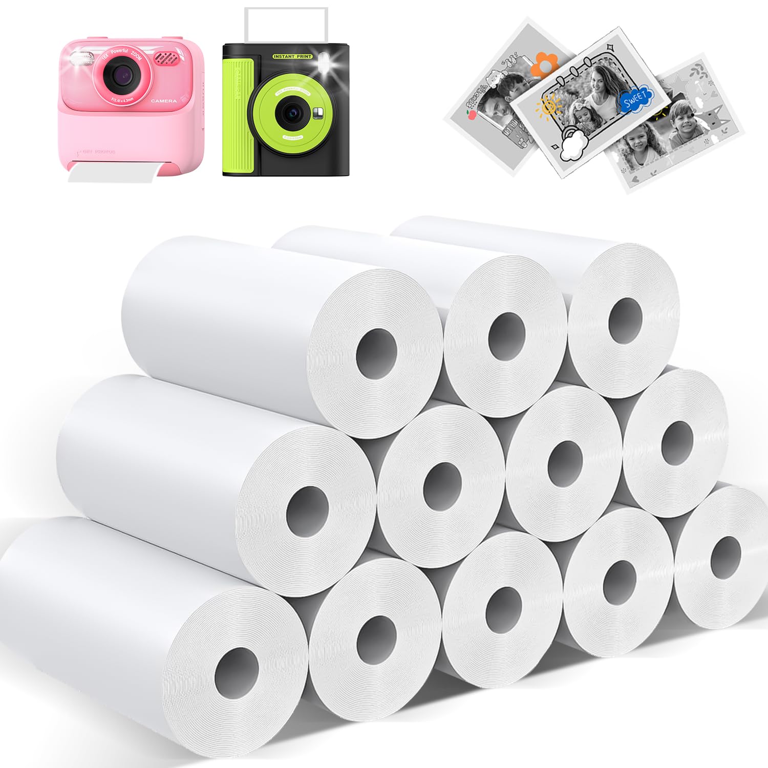 Mgaolo 12 Rolls Kids Instant Camera Print Refill Paper- Photo Printer Thermal Paper Rolls- BPA Free