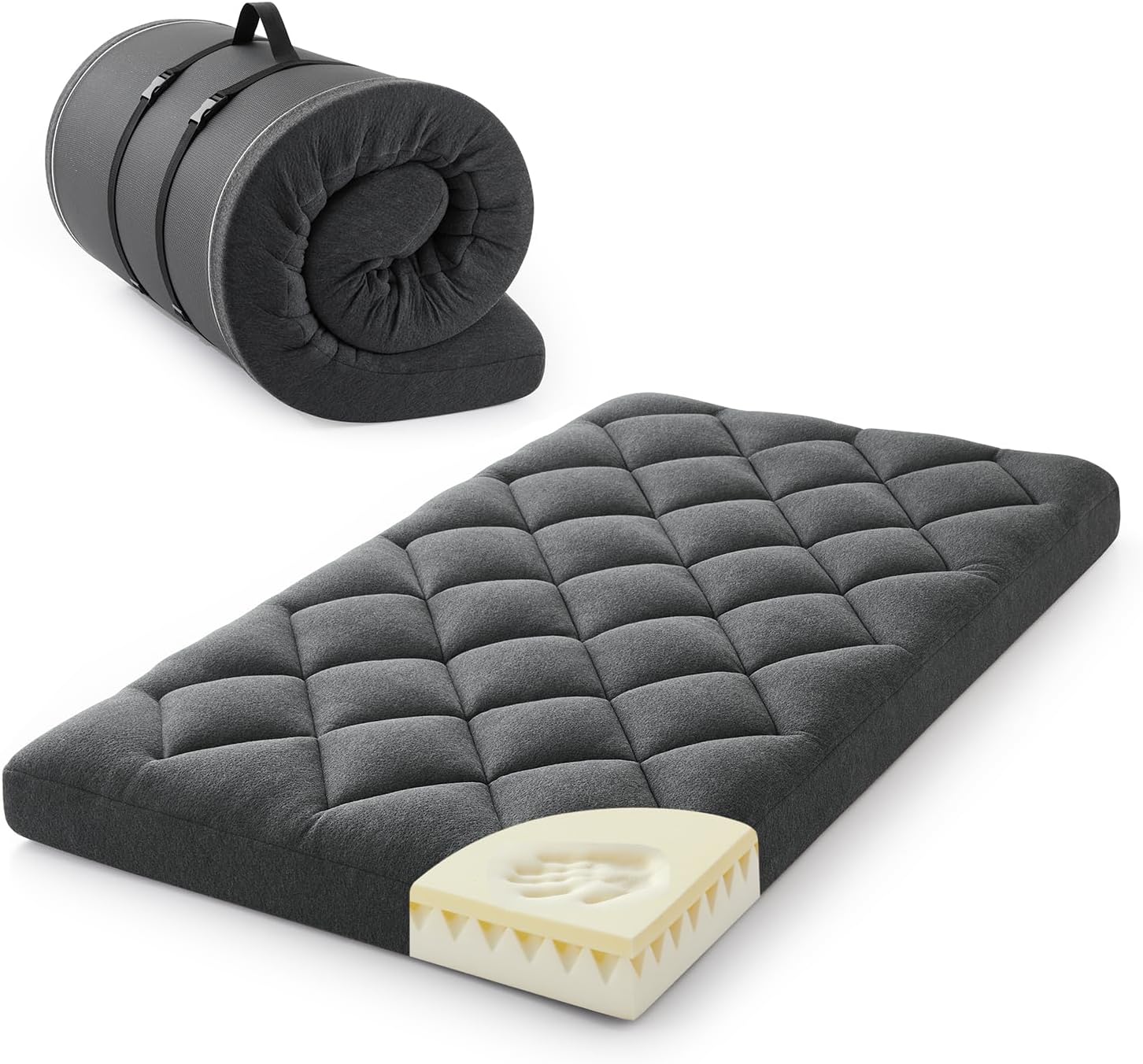 Jamdok 4" Twin Size Pillow Top Floor Futon Mattress,Memory Foam and Egg Crate Foam, Roll Up Japanese Tatami Pad for Sleeping,Quilted Guest Bed with Removable Cover, 75×38×4 Inches