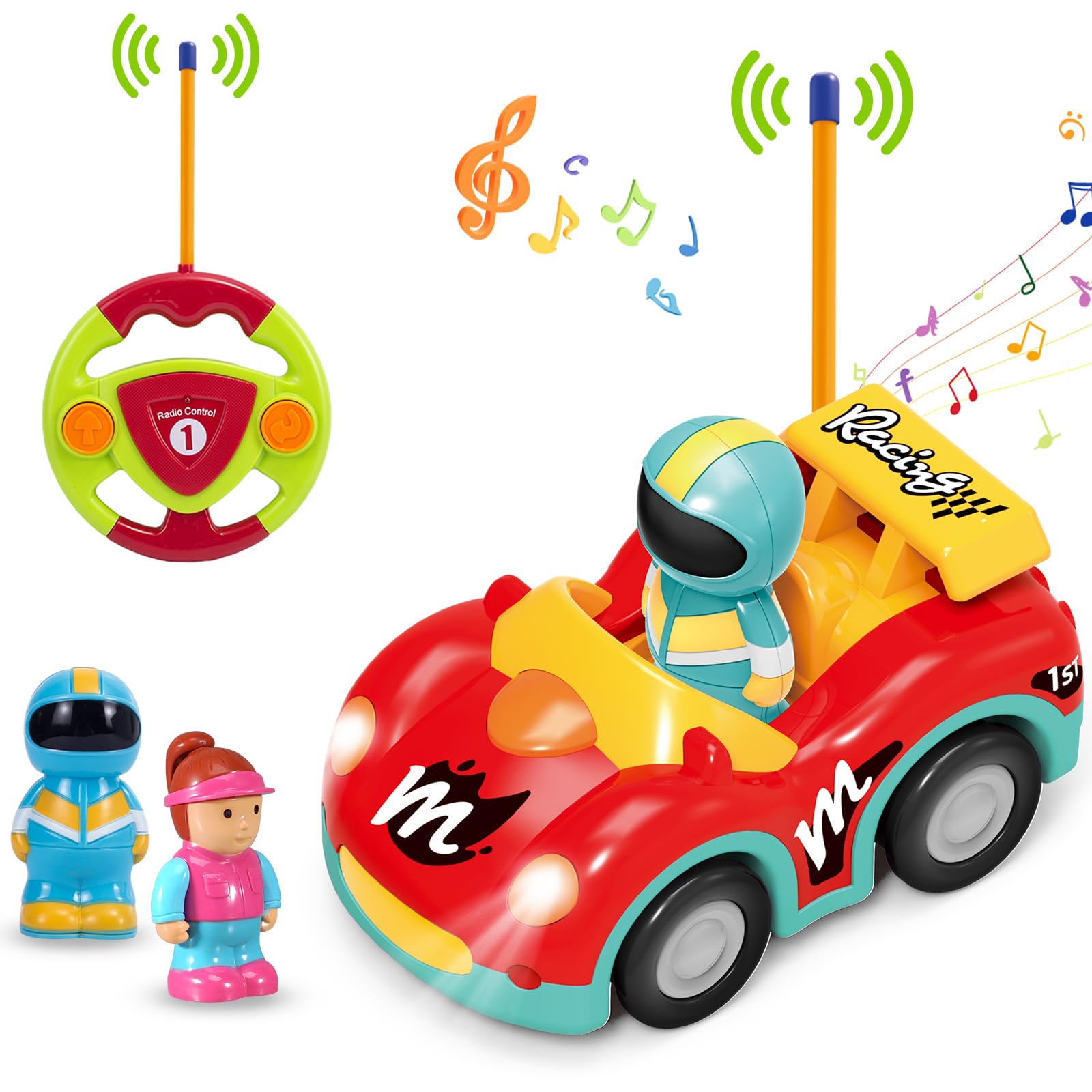 Pup Go Macchina da Corsa RC Cartoon per Bambini 18 Mesi+ con Musica e Luci, 2 Bambole Intercambiabili, Prima Macchina Telecomandata per Prima Infanzia, Regalo Perfetto per Compleanno o Natale, Rosso
