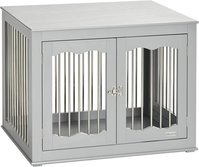PawHut Dog Crate End Table w/ Three Doors, Furniture Style Dog Crate, for Medium Dogs, Indoor Use w/ Locks and Latches - Grey