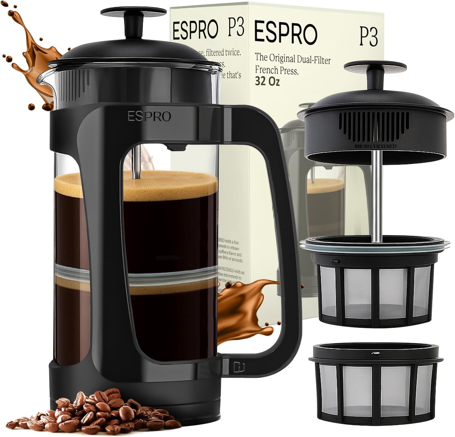 ESPRO P3 French Press Coffee Maker – Patented Double Micro-Filter for Grit-Free Brew, Heat Resistant thicker Borosilicate Glass Coffee press – (32 oz) Black 32 oz - Image 1 of 9