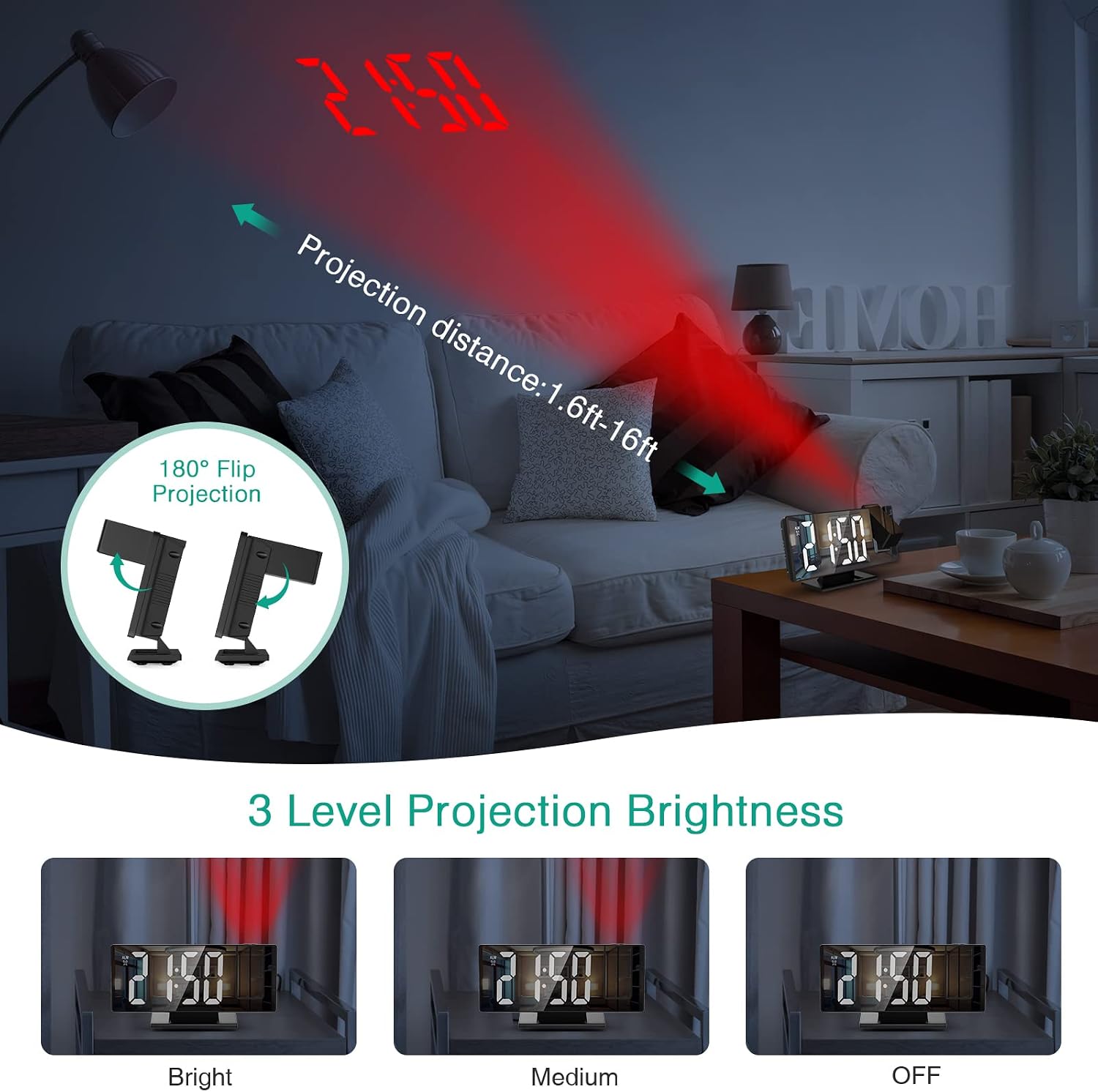 ORIA Projection Alarm Clock, Electronic LED Clock, 7.8" Mirror Digital Desk Alarm Clock with Temperature, Adjustable Brightness, Snooze, Alarm Clock for Bedroom