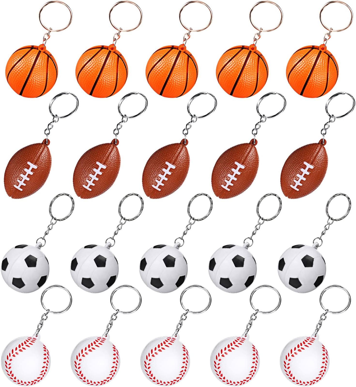 Blulu 20 Pack Sport Party Favors Ball Keychains for Kids, Mini Foam Ball Keychains with Soccer Football Basketball Baseball for Boys Goodie Bags, School Carnival Reward, Stress Relief Fidget Toys