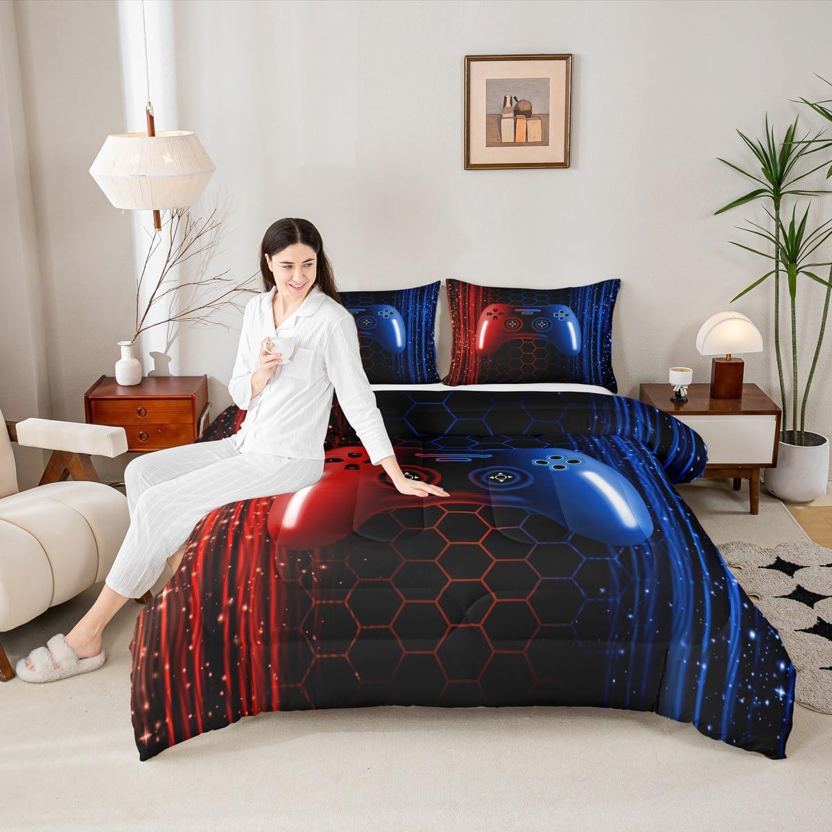 Erosebridal Boys Game Console King Bedding Set Kids Red and Blue Gamer Gaming Comforter Set for Men Teens Ombre Gradient Glowing Stripes Honeycomb Comforter Modern Video Game Quilt Bed Set