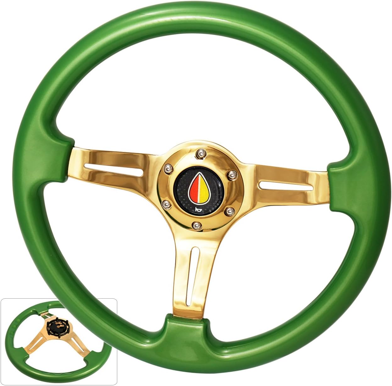 AJP Distributors Universal 350mm 6 Bolt Hole Heavy Duty Deep Dish Light Weight Steering Wheel Green Trim Gold Center Streak Design Fukushi Jdm Leaf Horn Button