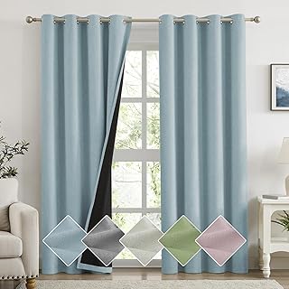 Melodieux 100% Blackout Curtains for Bedroom, Linen Textured Light Blue Black Out Curtains 84